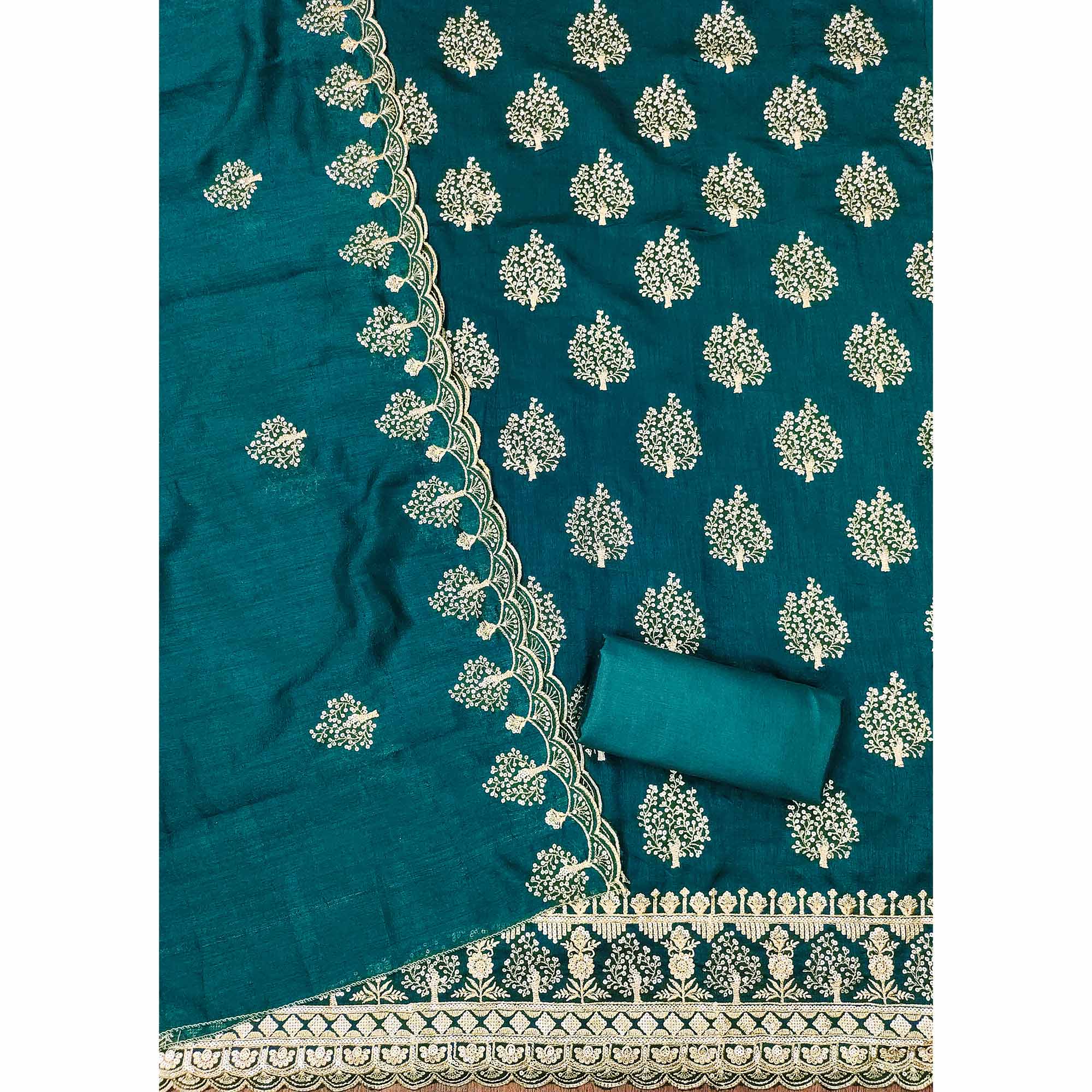 Teal Sequins Embroidered Vichitra Silk Dress Material