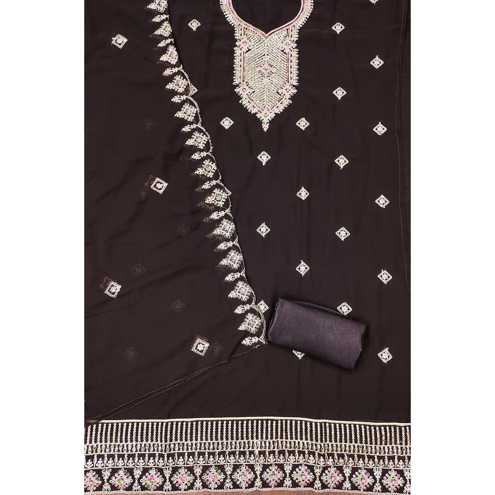 Brown Sequins Embroidered Georgette Dress Material