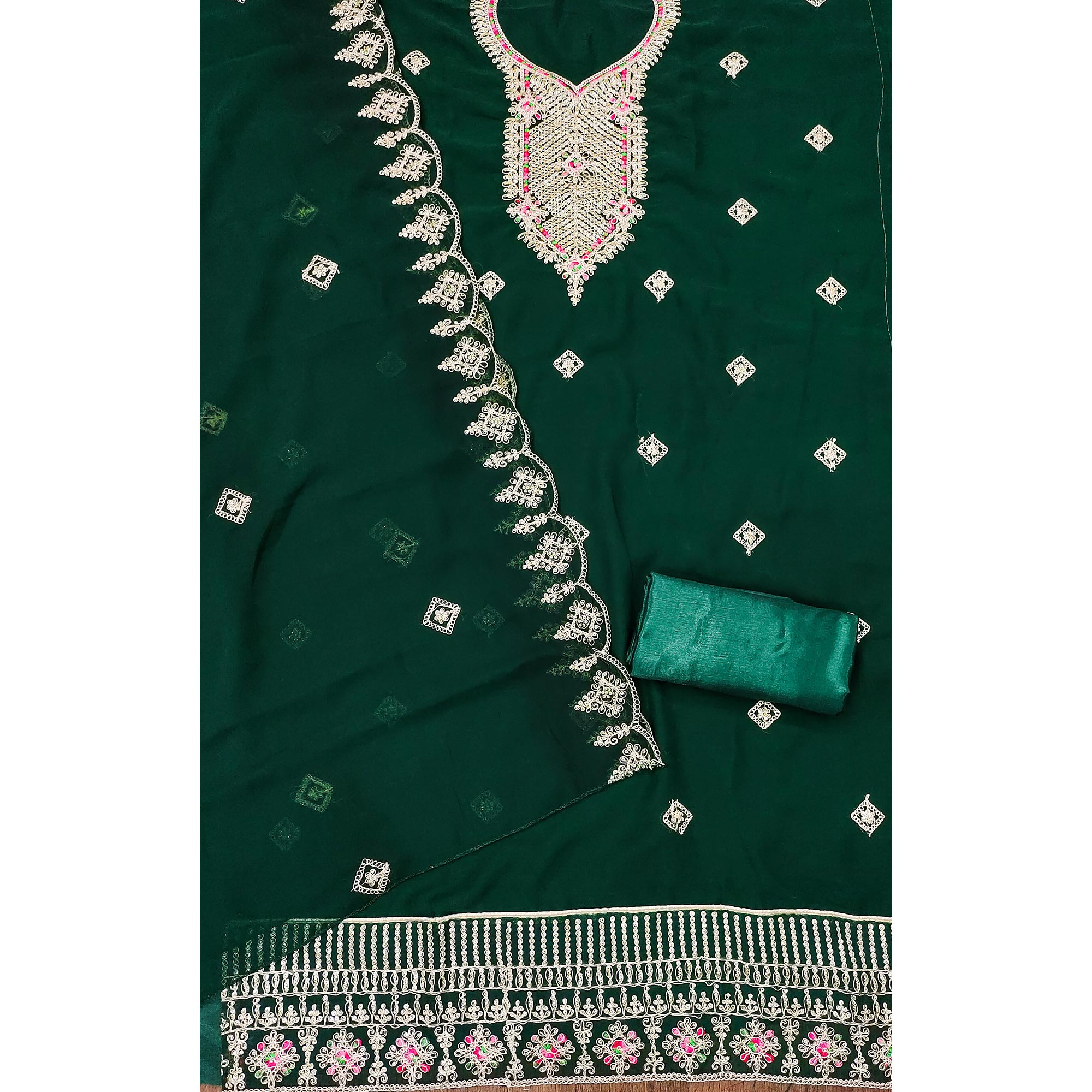 Green Sequins Embroidered Georgette Dress Material