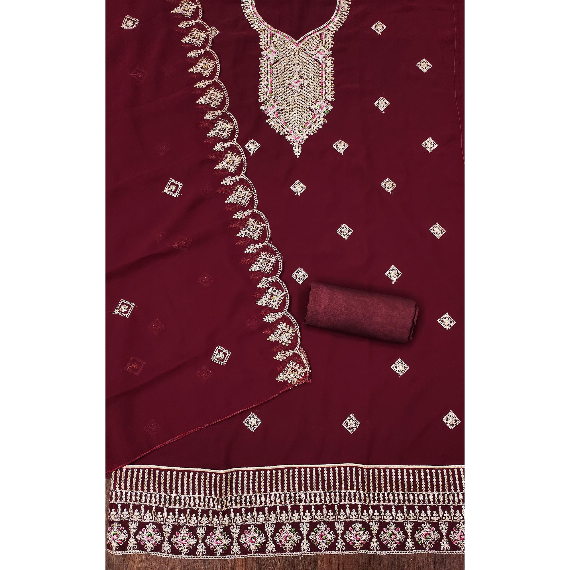 Maroon Sequins Embroidered Georgette Dress Material