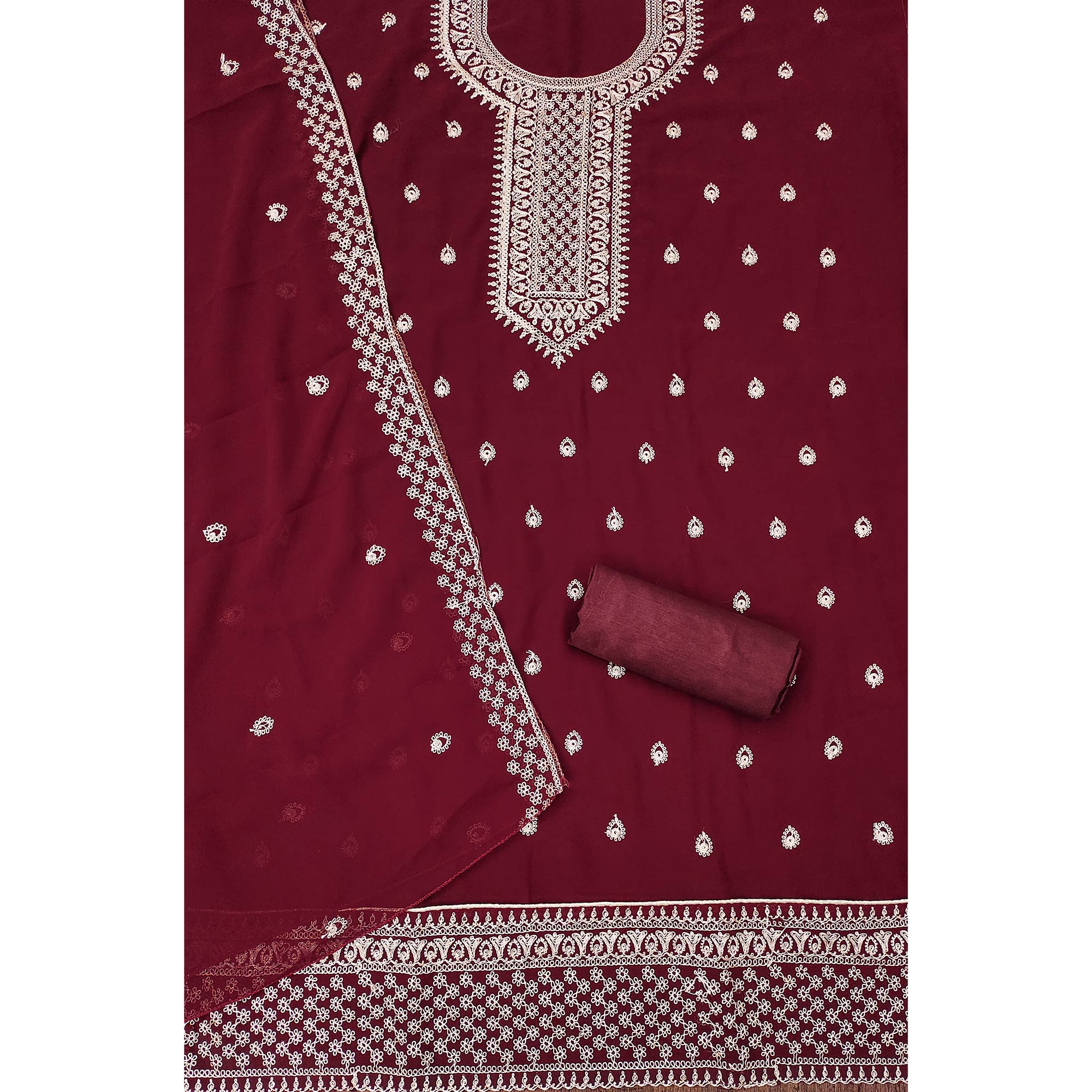 Maroon Embroidered Georgette Dress Material