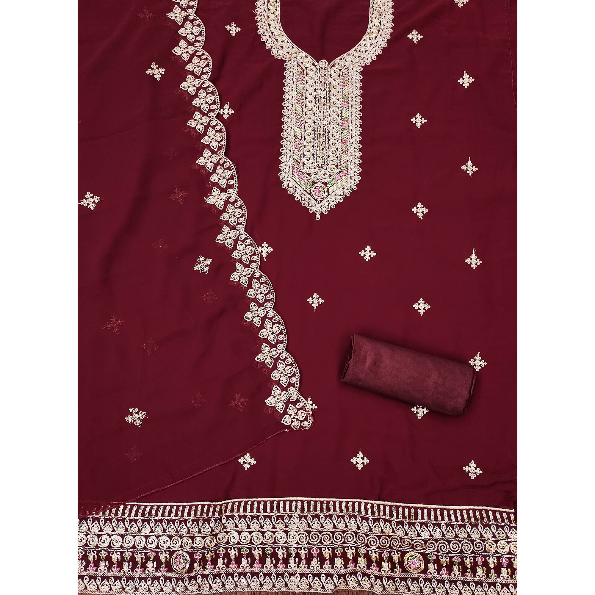 Maroon Floral Embroidered Georgette Dress Material