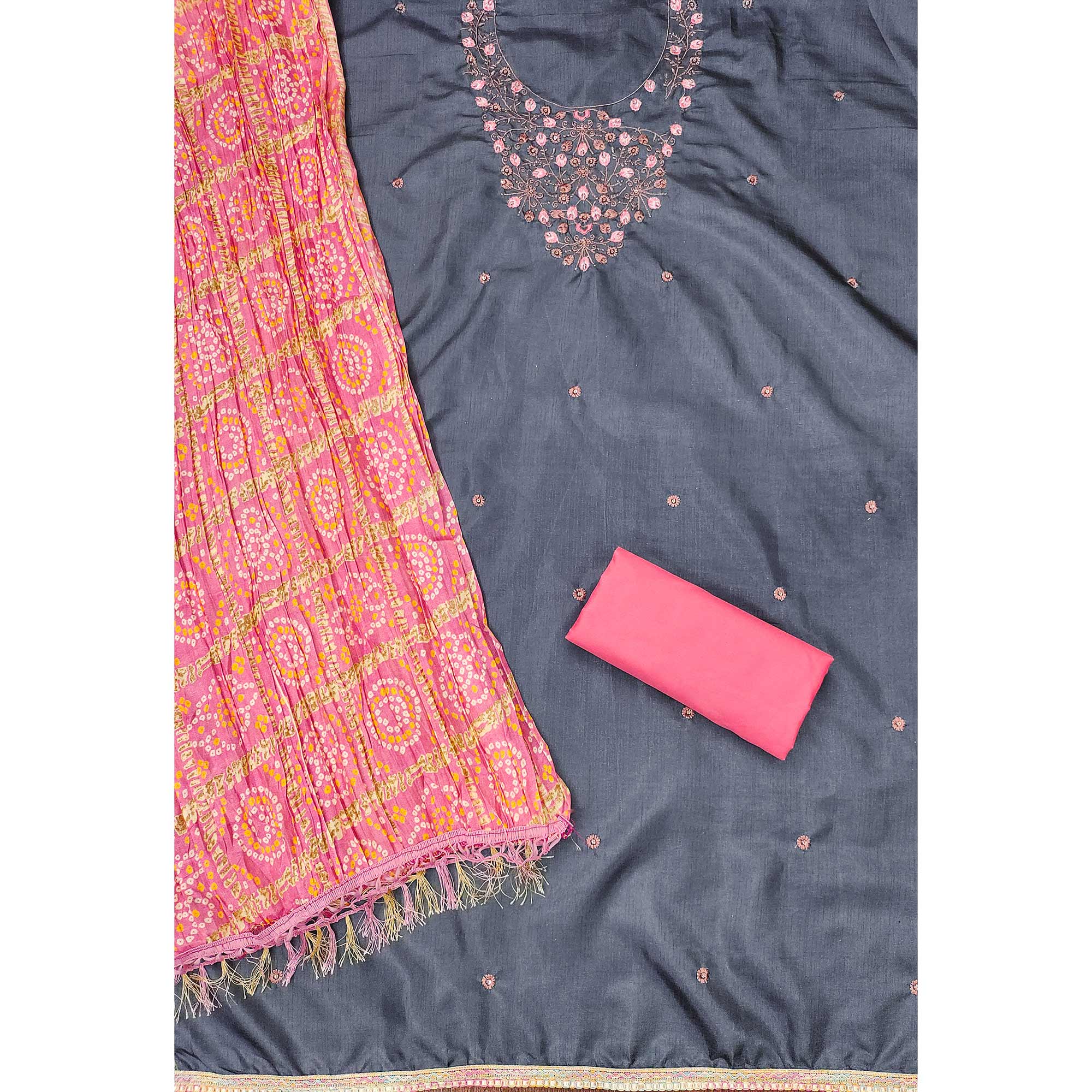 Grey Floral Sequins Embroidered Cotton Blend Dress Material