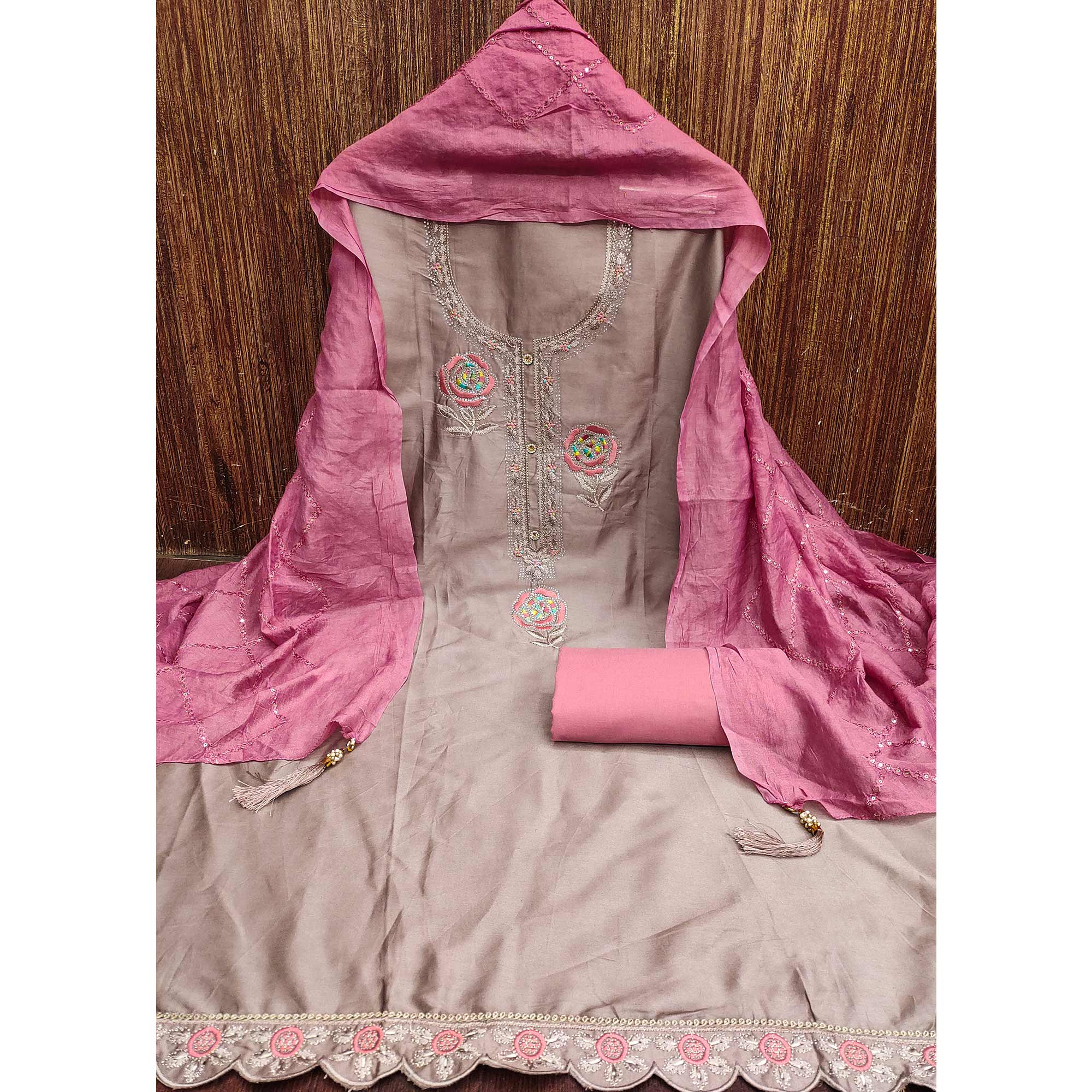 Dusty Brown Pure Cotton Dress Material Adorned With Floral Embroidery & Sparkling Swarovski