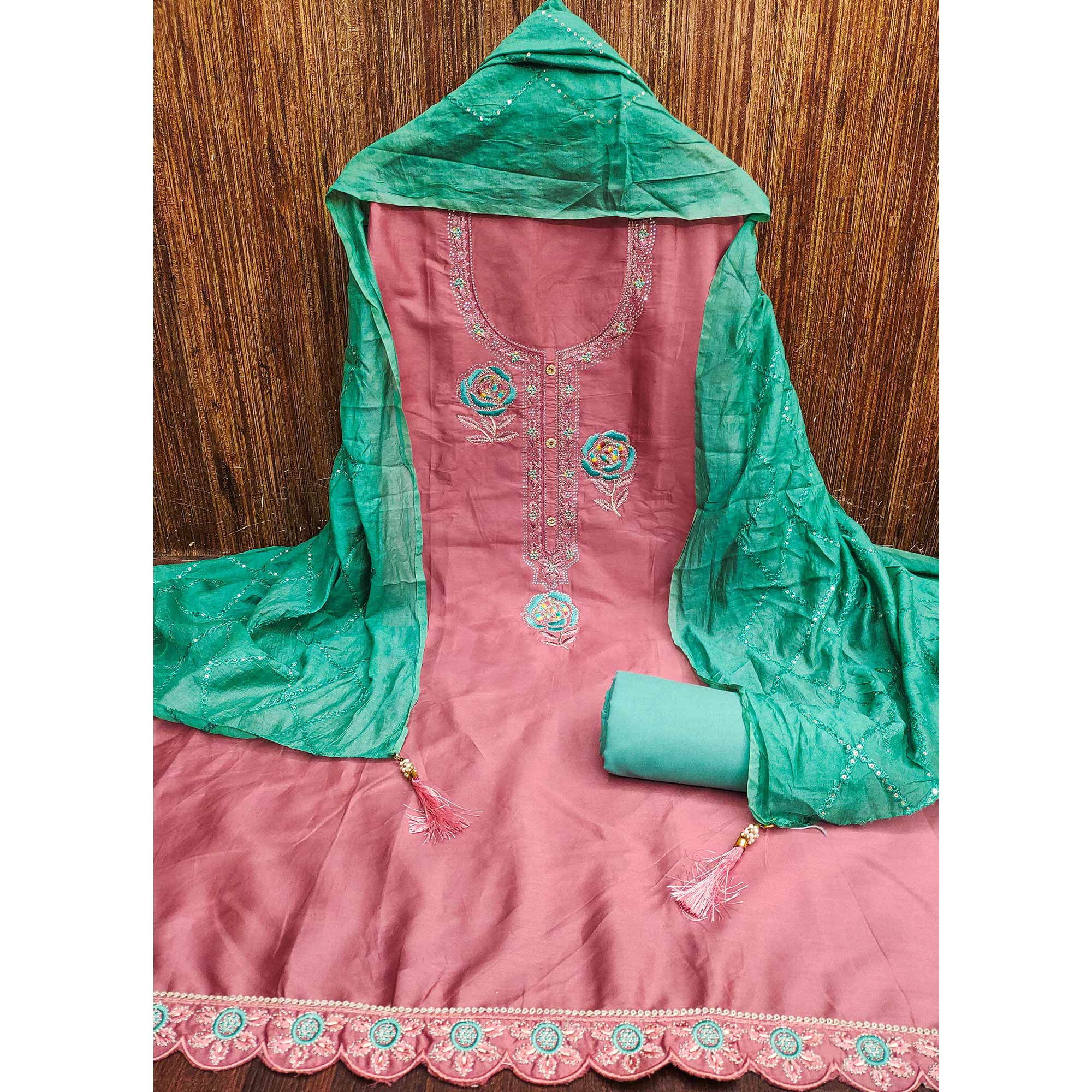 Peach Pure Cotton Dress Material Adorned With Floral Embroidery & Sparkling Swarovski