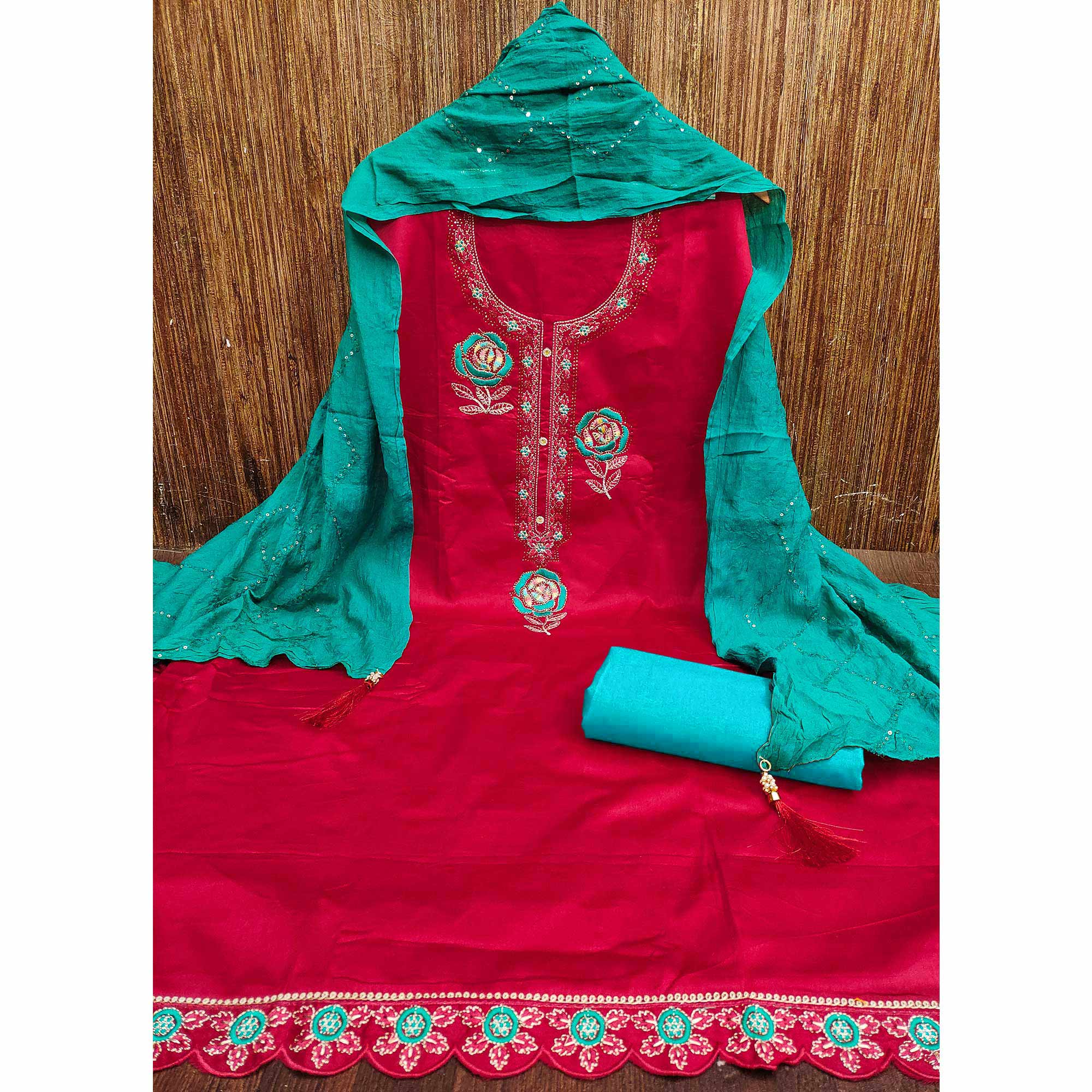 Pink Pure Cotton Dress Material Adorned With Floral Embroidery & Sparkling Swarovski