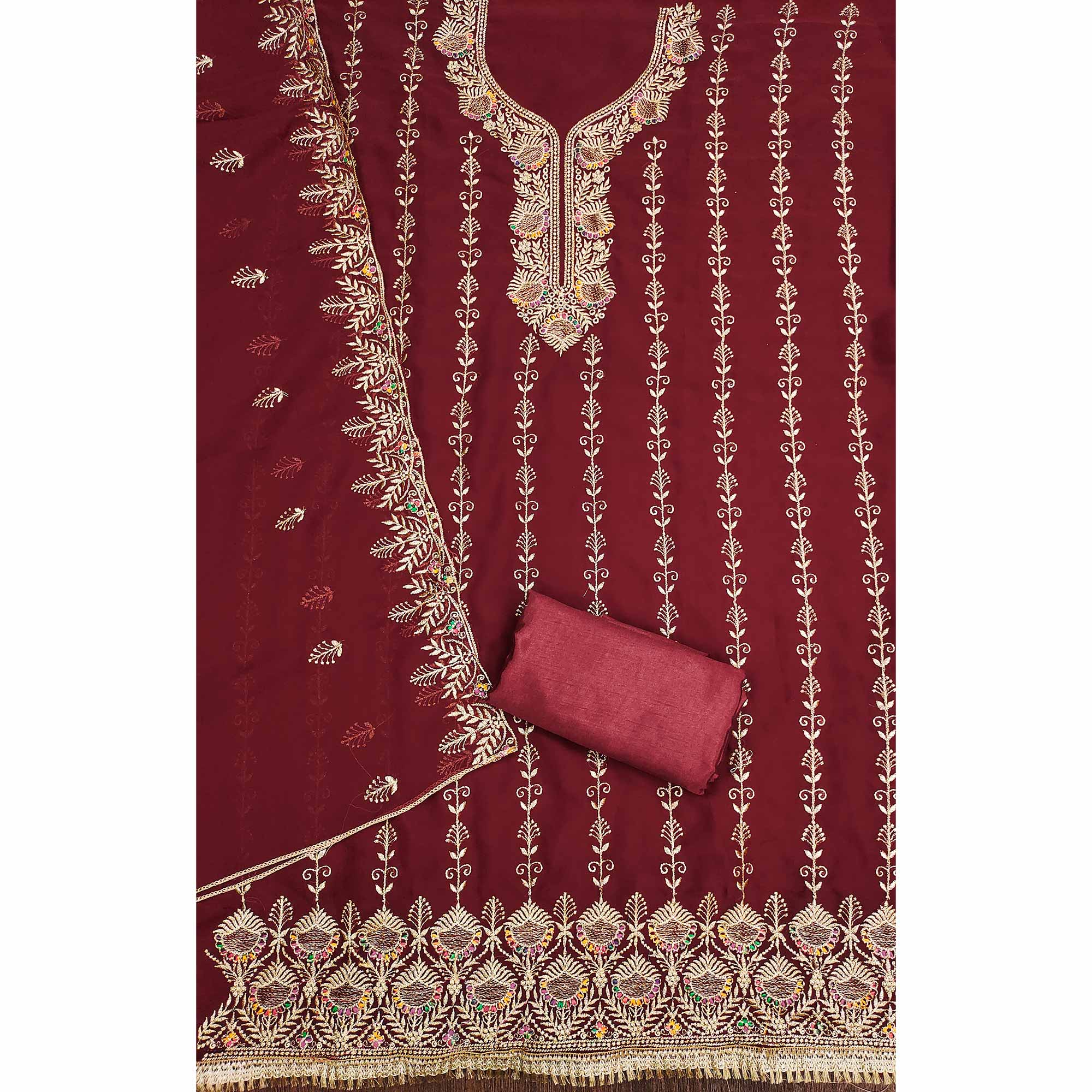 Maroon Floral Embroidered Georgette Dress Material