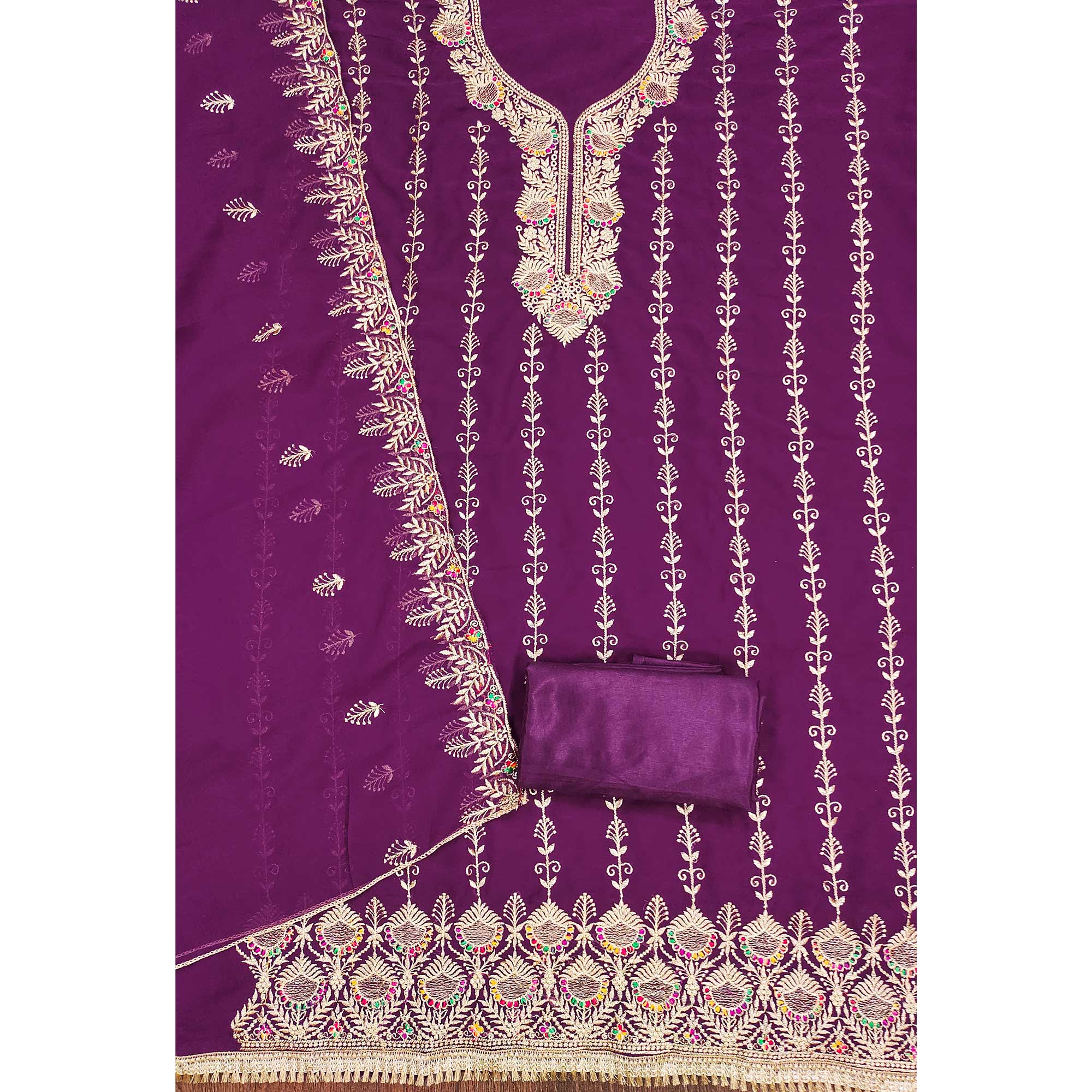 Purple Floral Embroidered Georgette Dress Material