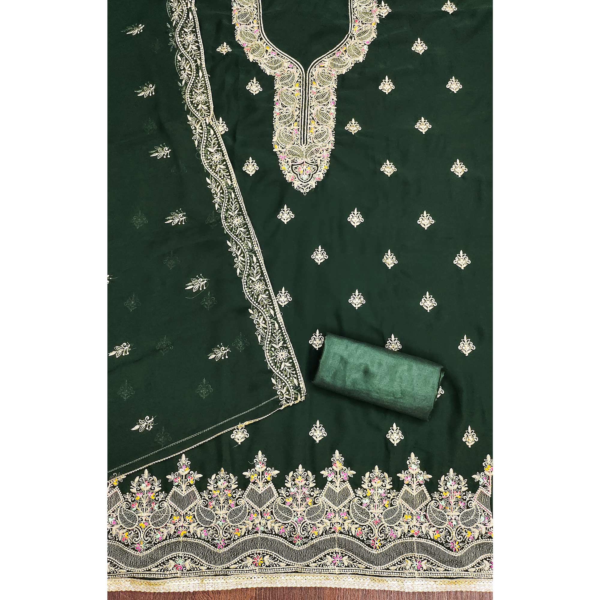 Green Floral Embroidered Georgette Dress Material