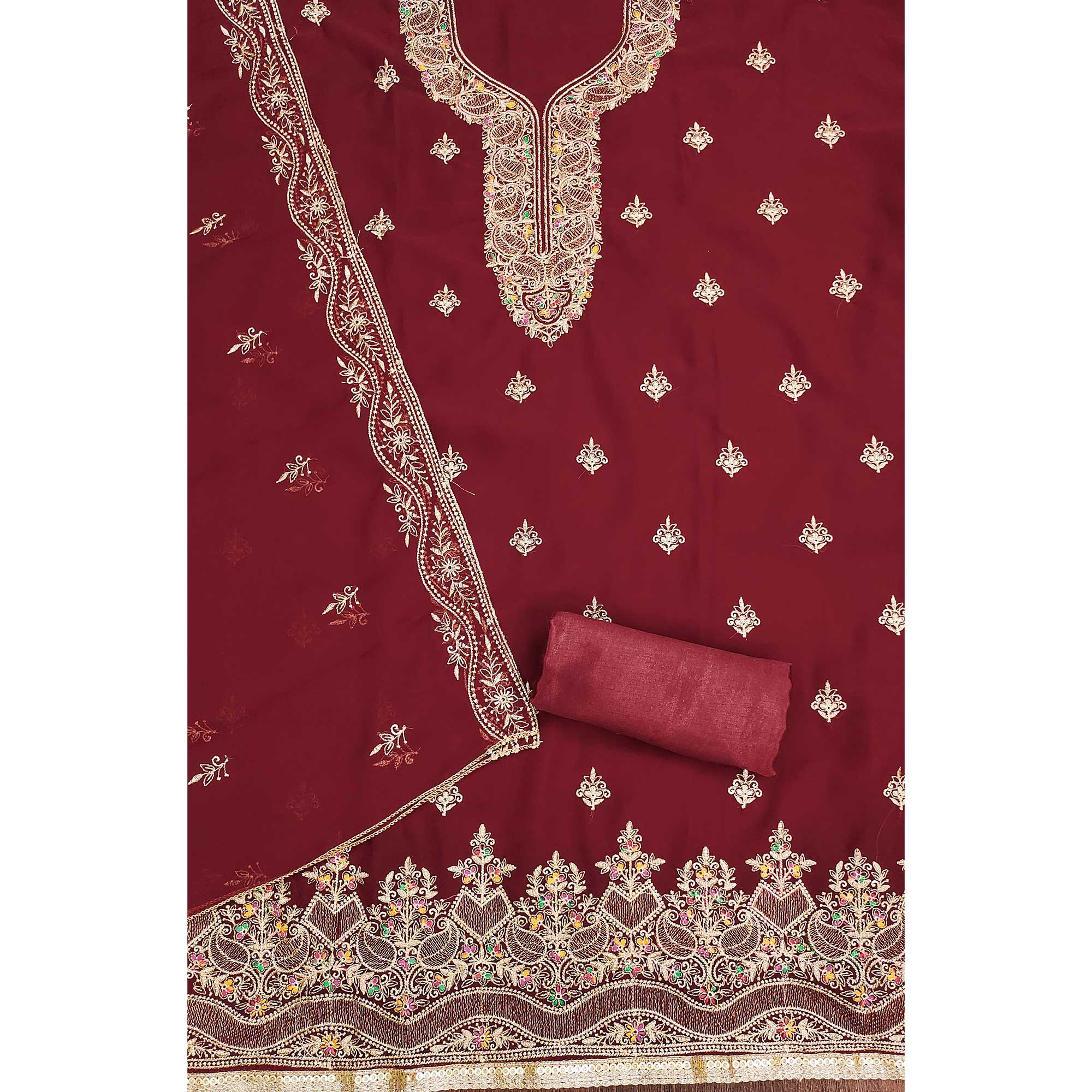 Maroon Floral Embroidered Georgette Dress Material