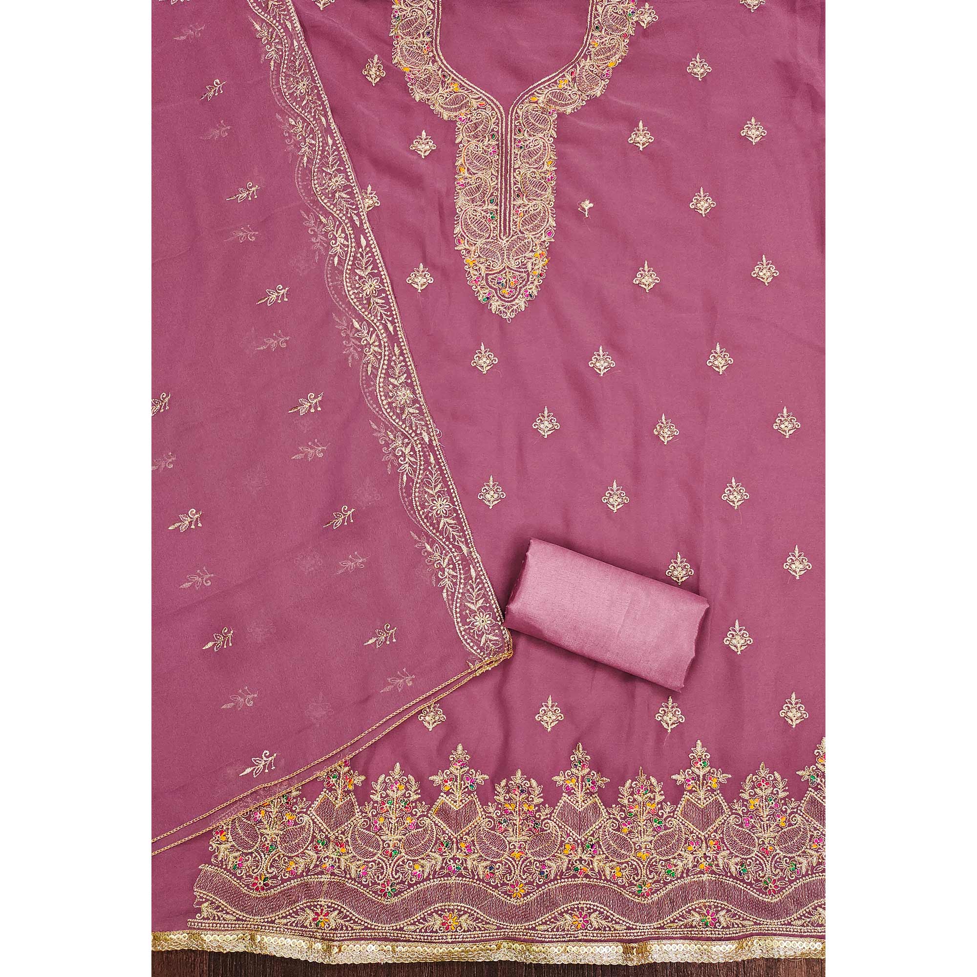 Pink Floral Embroidered Georgette Dress Material