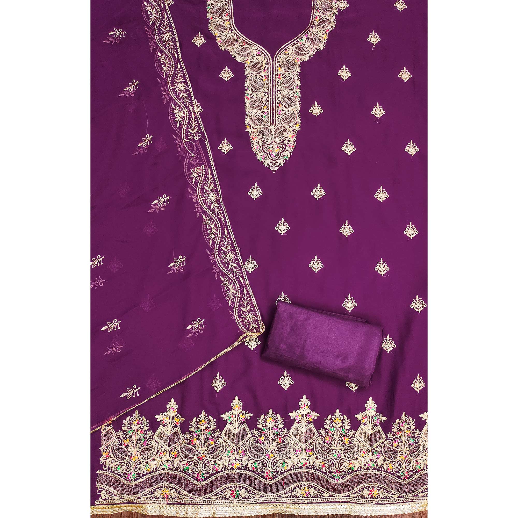 Purple Floral Embroidered Georgette Dress Material