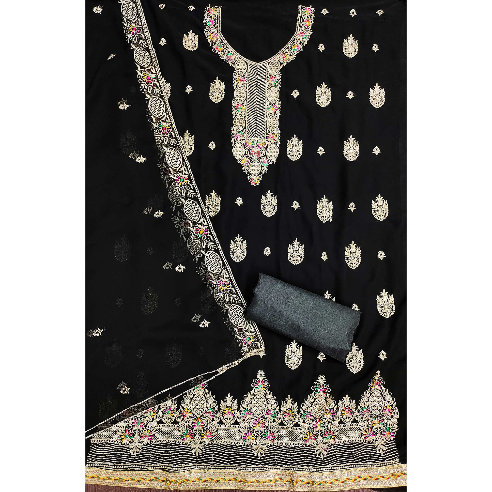 Black Floral Embroidered Georgette Dress Material