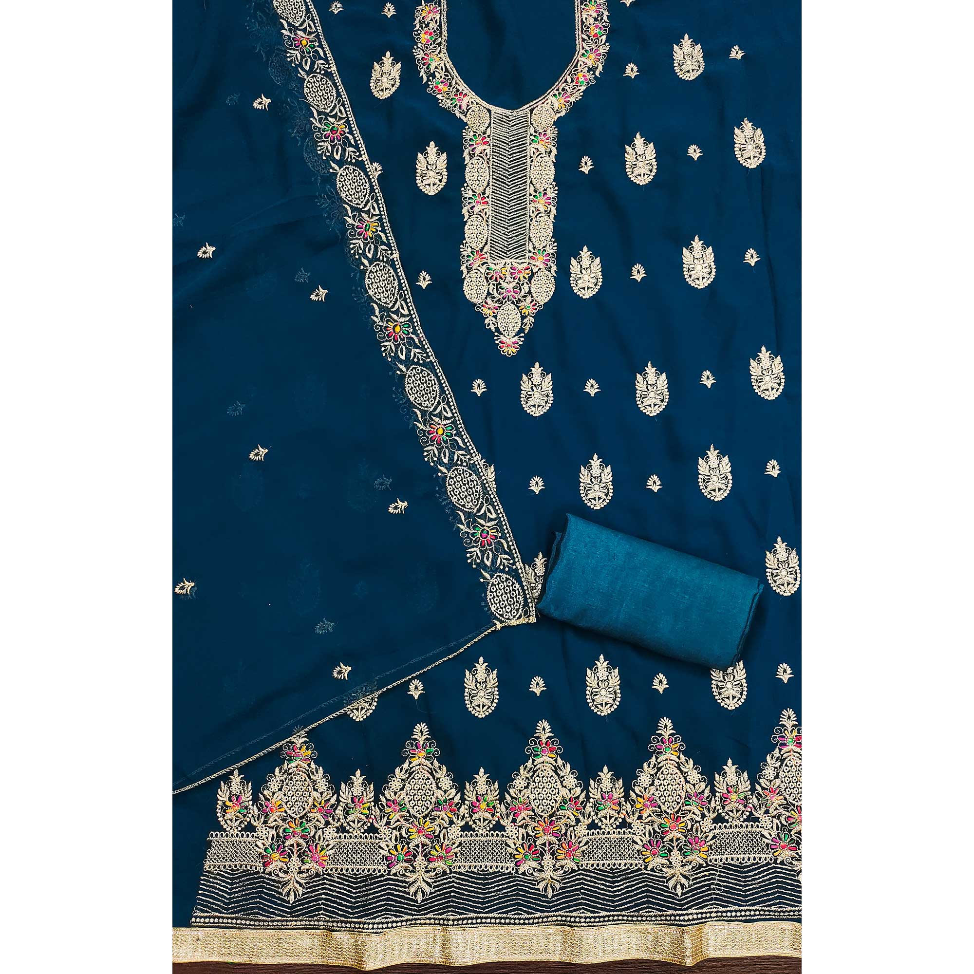 Blue Designer Georgette Dress Material Adorned With Intricate Floral Embroidery