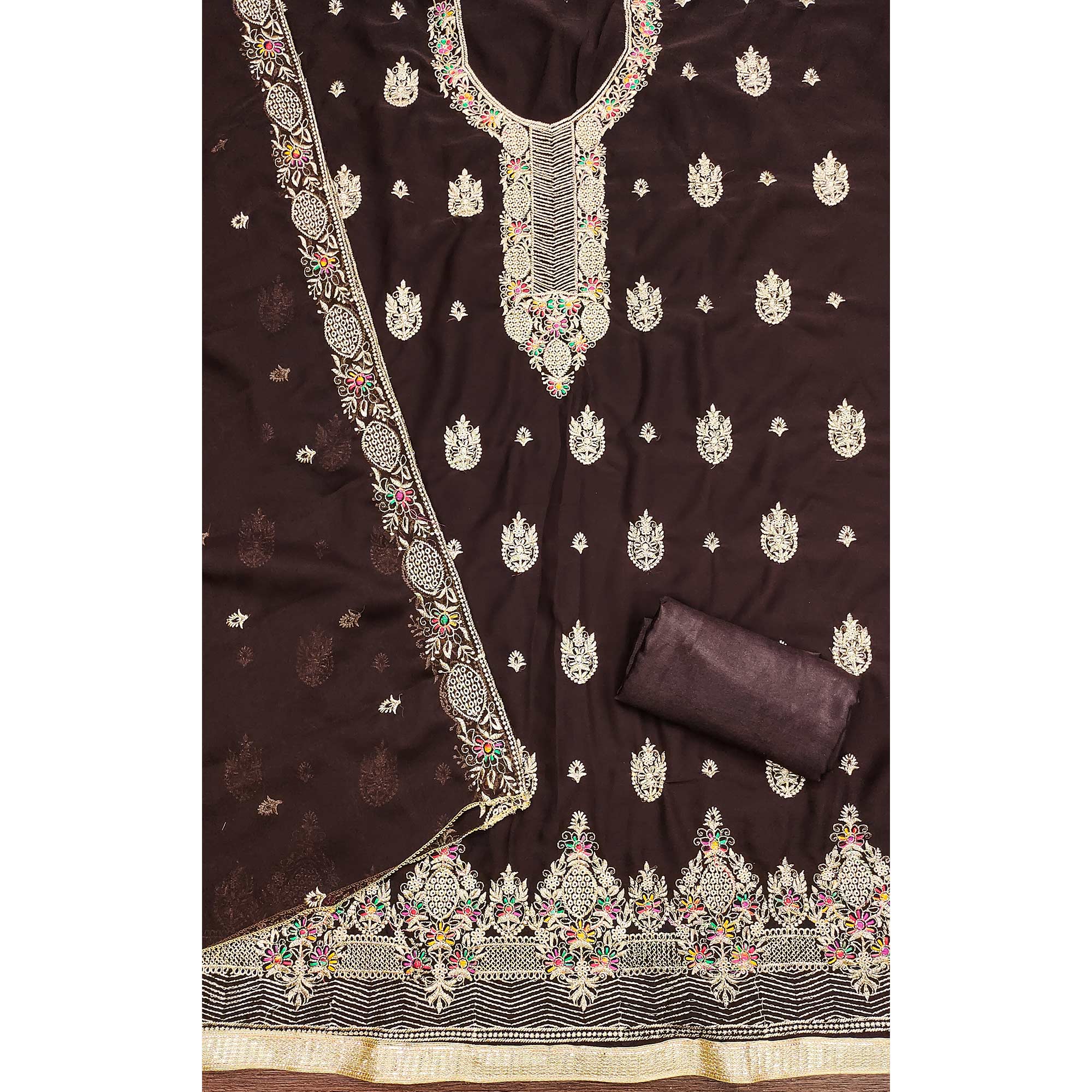 Brown Designer Georgette Dress Material Adorned With Intricate Floral Embroidery