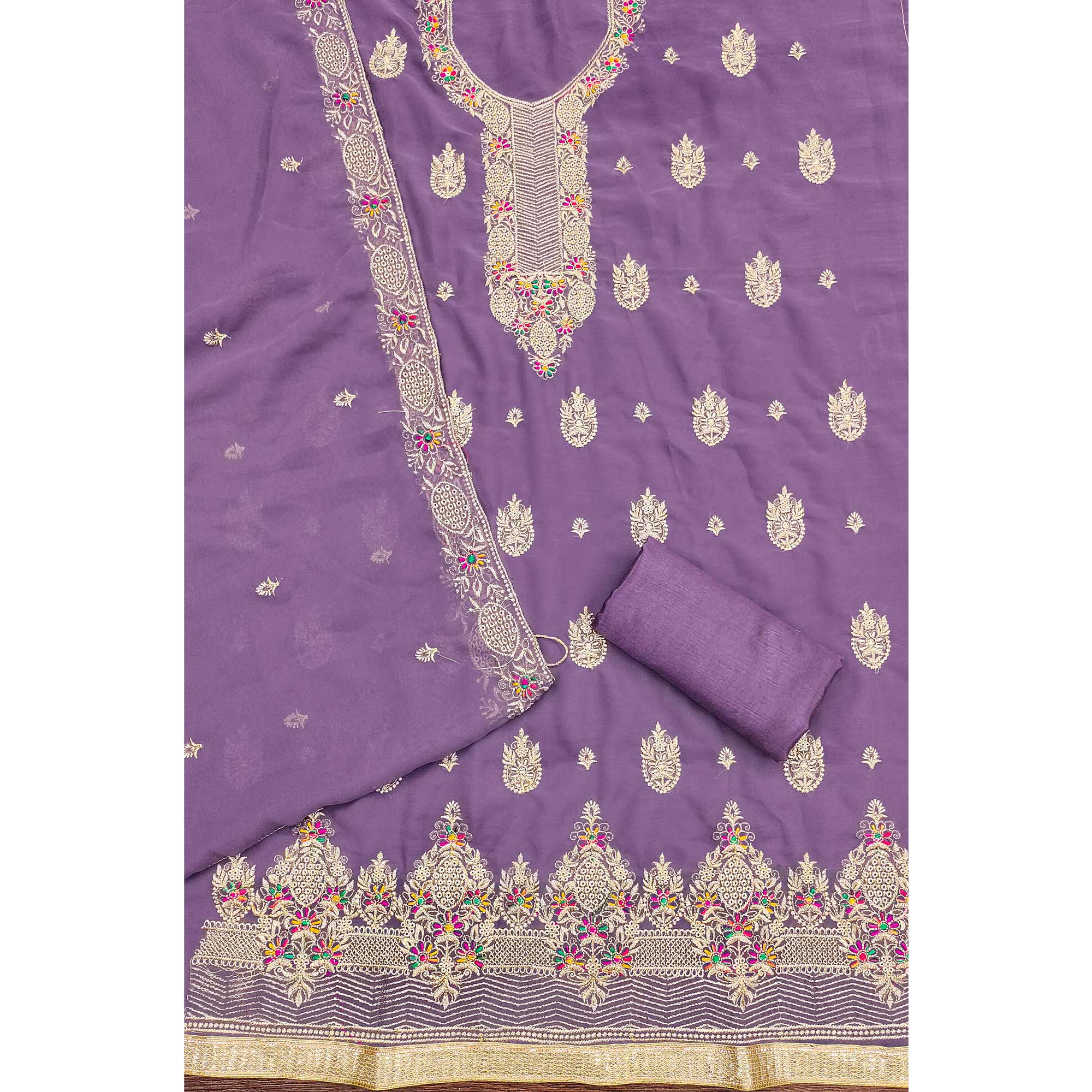 Lavender Designer Georgette Dress Material Adorned With Intricate Floral Embroidery