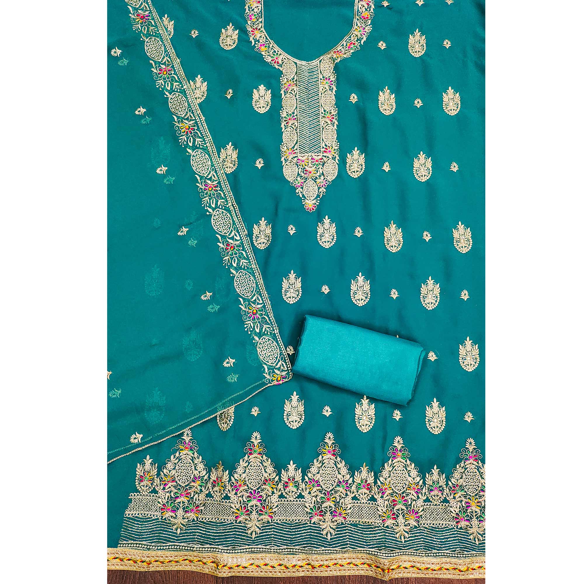 Rama Blue Floral Embroidered Georgette Dress Material