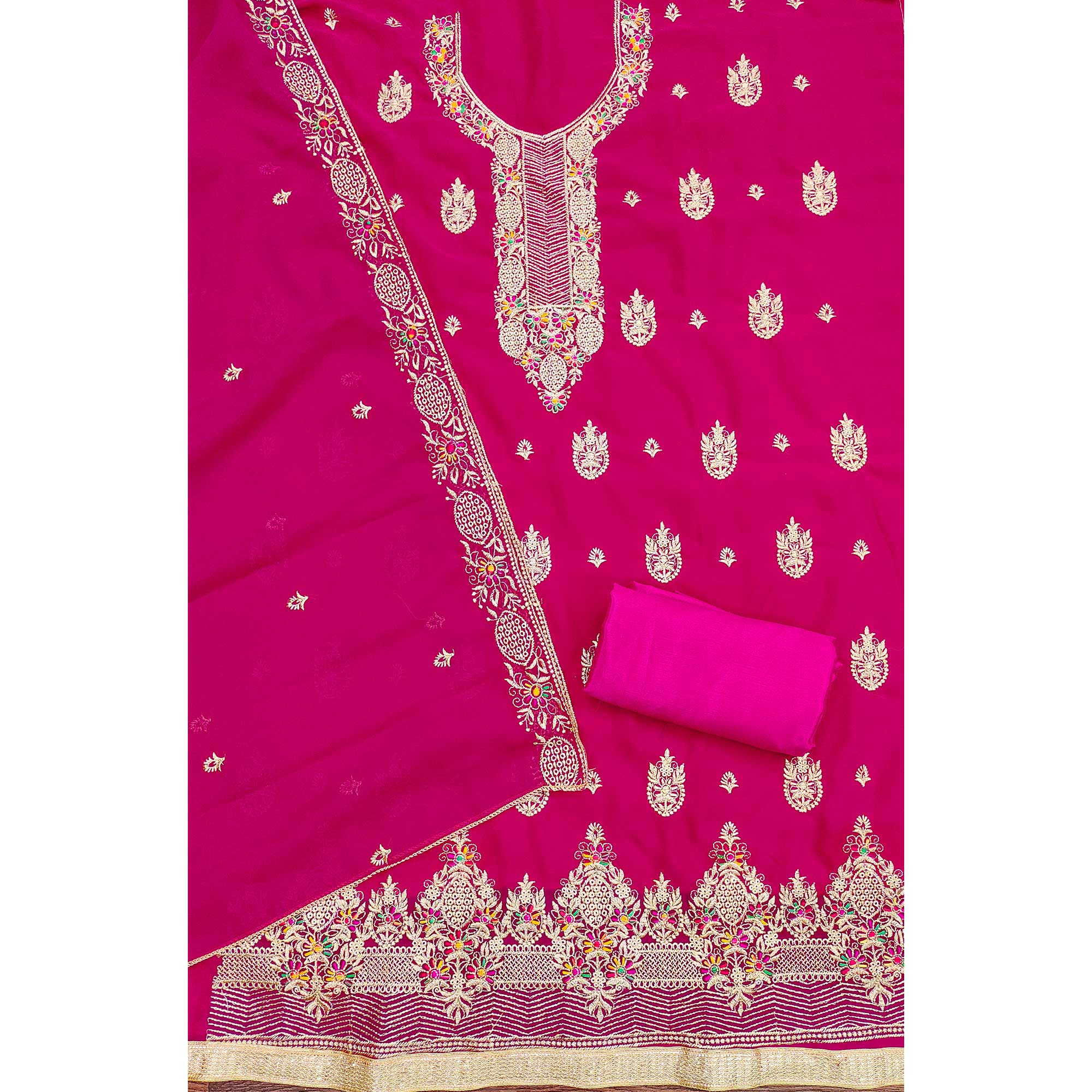 Rani Pink Designer Georgette Dress Material Adorned With Intricate Floral Embroidery