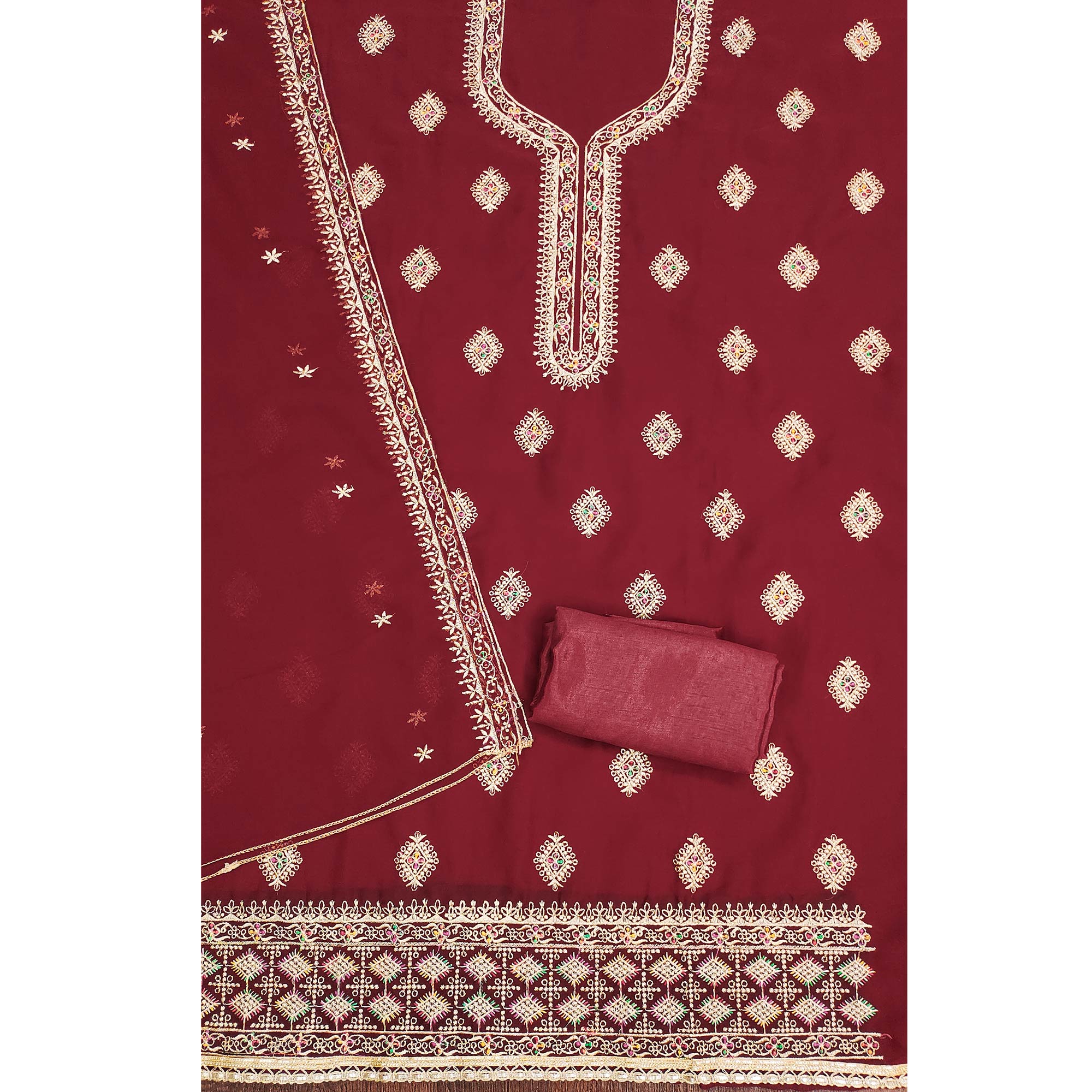 Maroon Floral Embroidered Georgette Dress Material