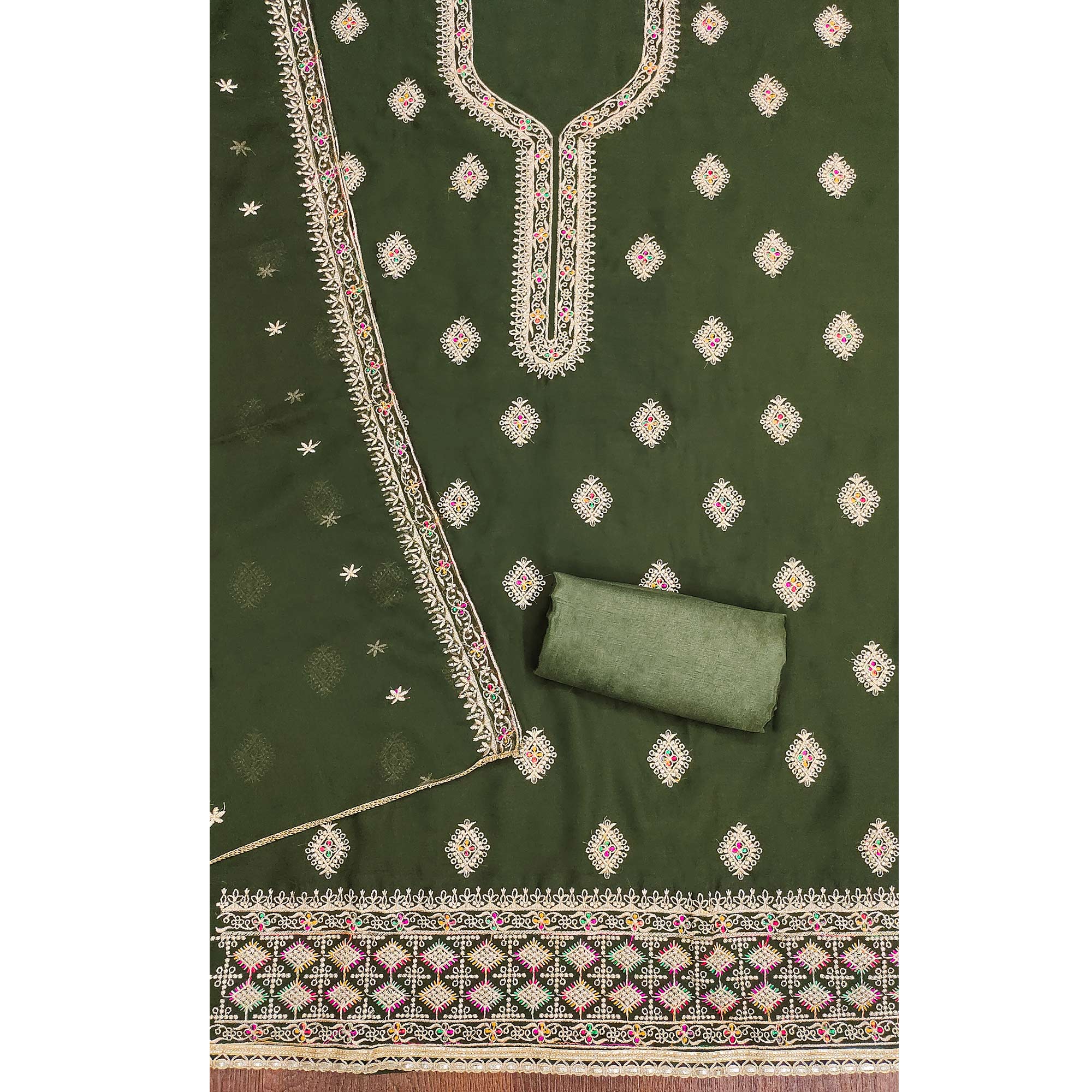 Mehendi Green Floral Embroidered Georgette Dress Material