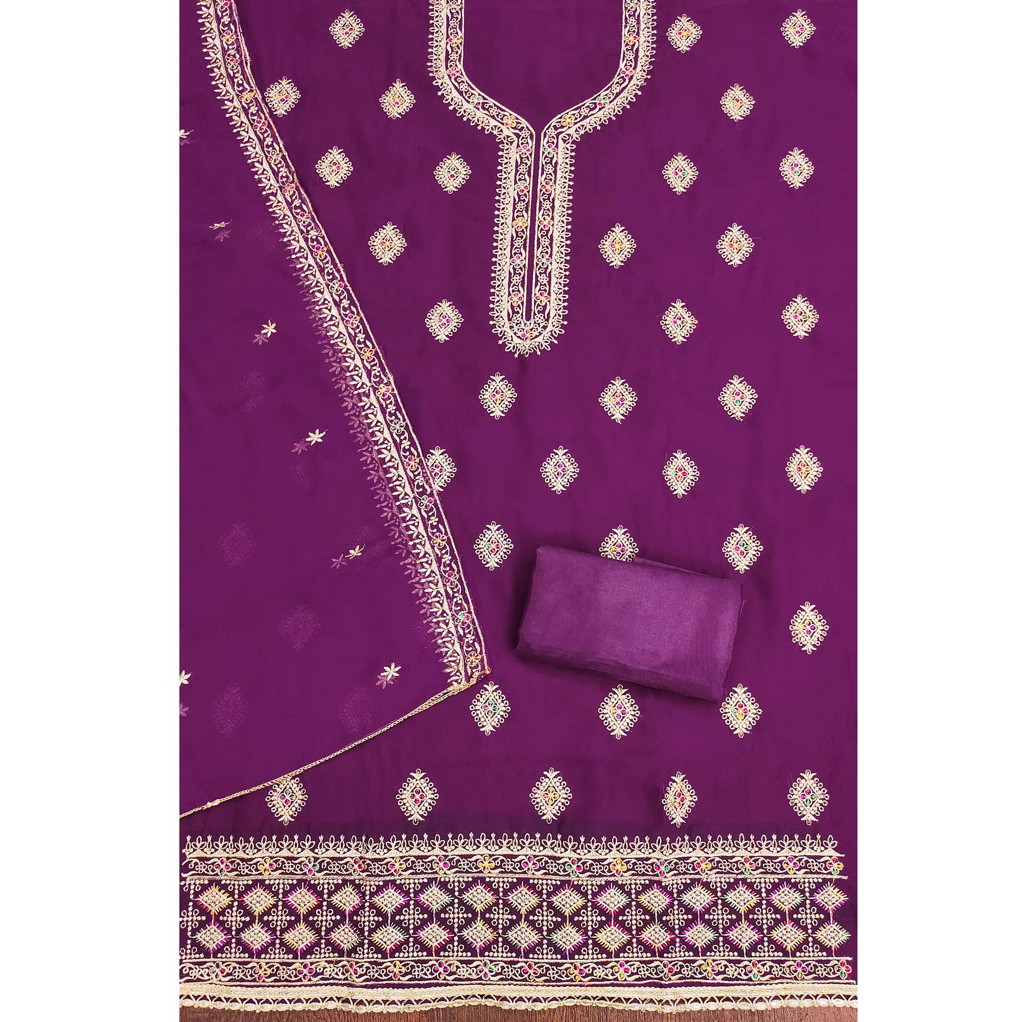 Purple Floral Embroidered Georgette Dress Material