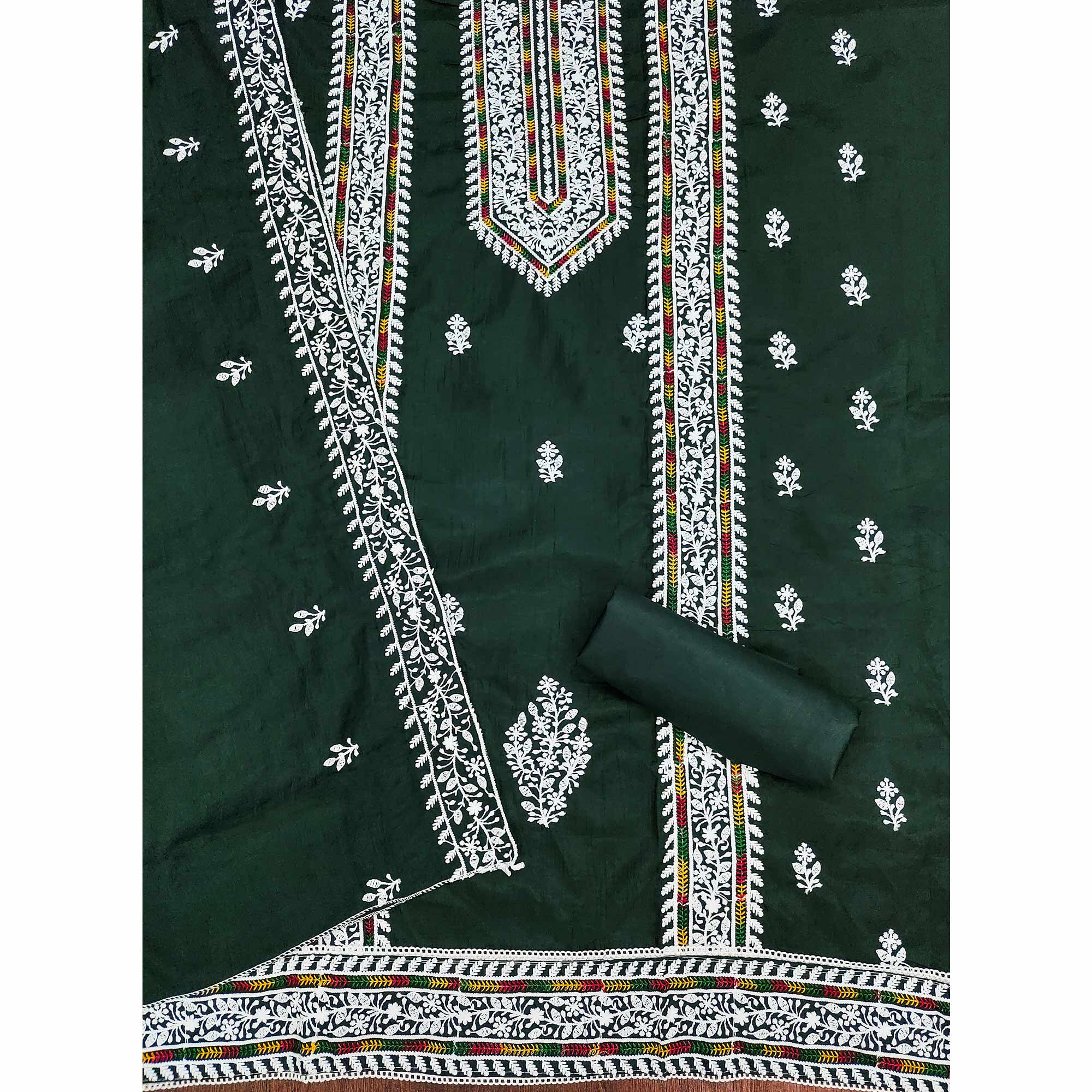 Green Floral Embroidered Cotton Silk Dress Material