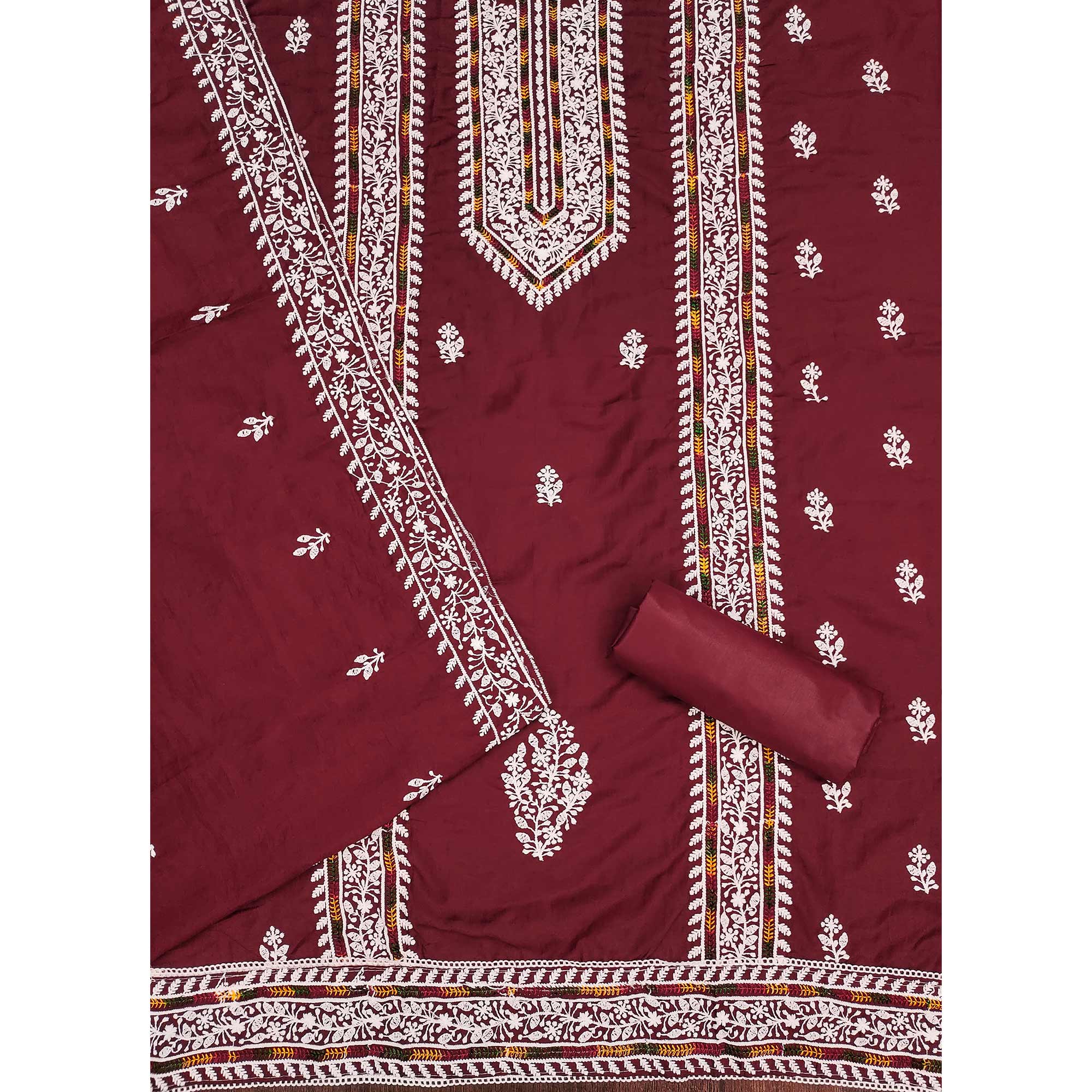 Maroon Floral Embroidered Cotton Silk Dress Material