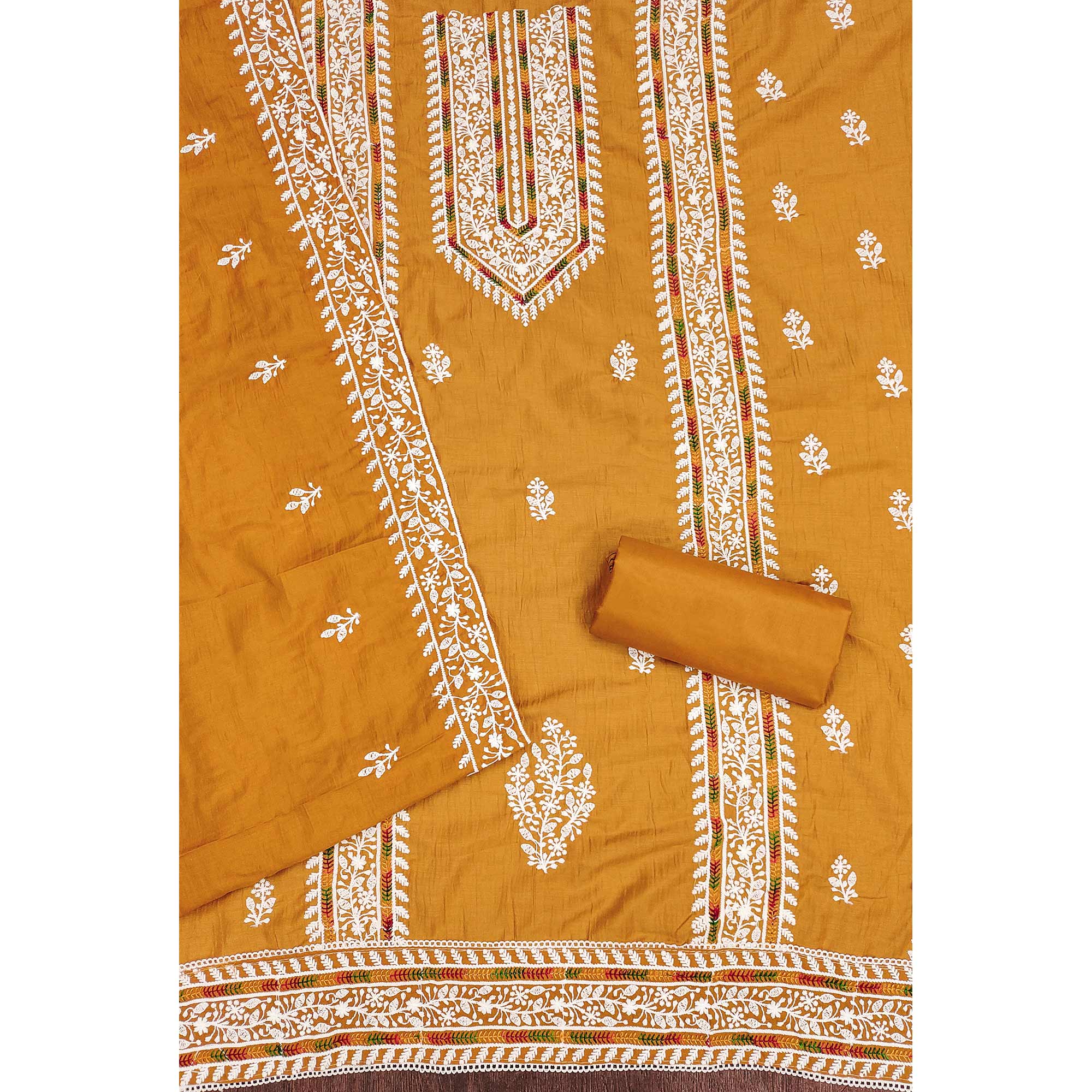 Mustard Floral Embroidered Cotton Silk Dress Material