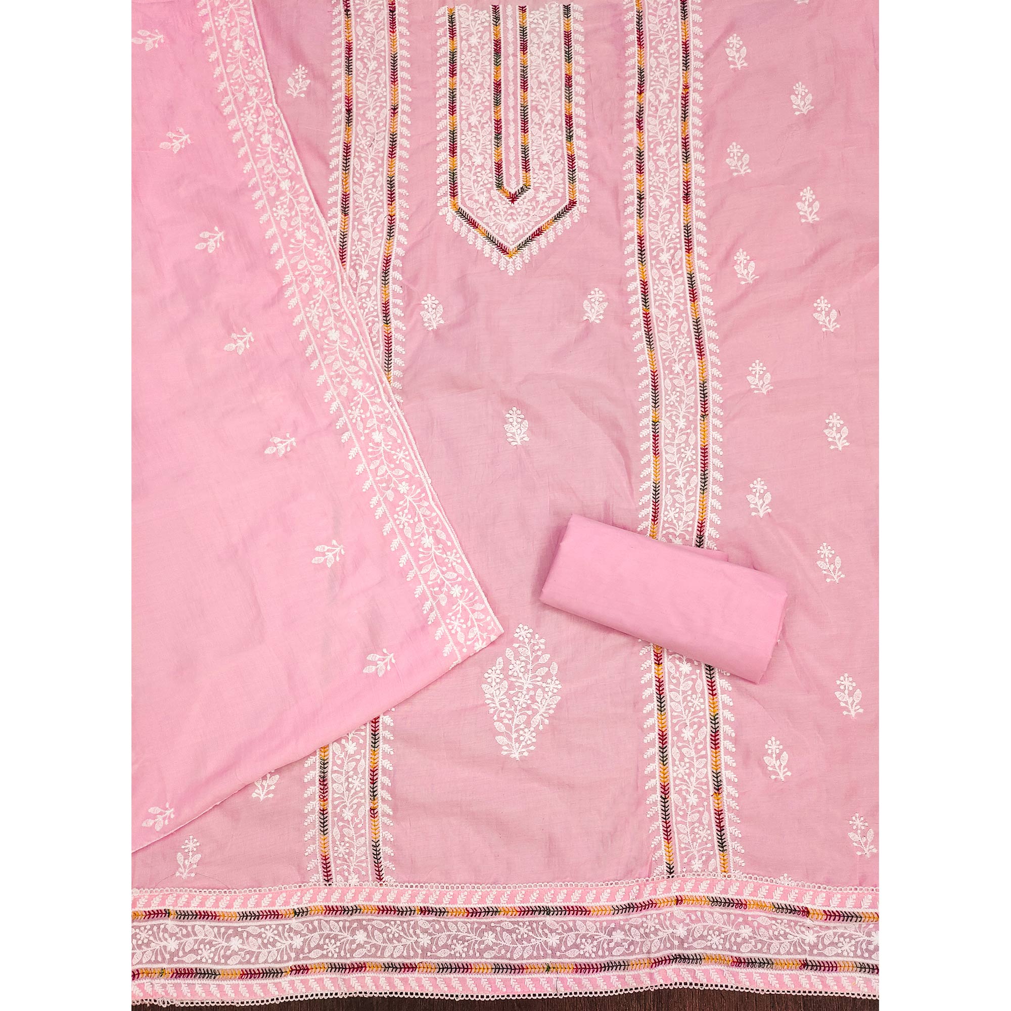 Pink Floral Embroidered Cotton Silk Dress Material