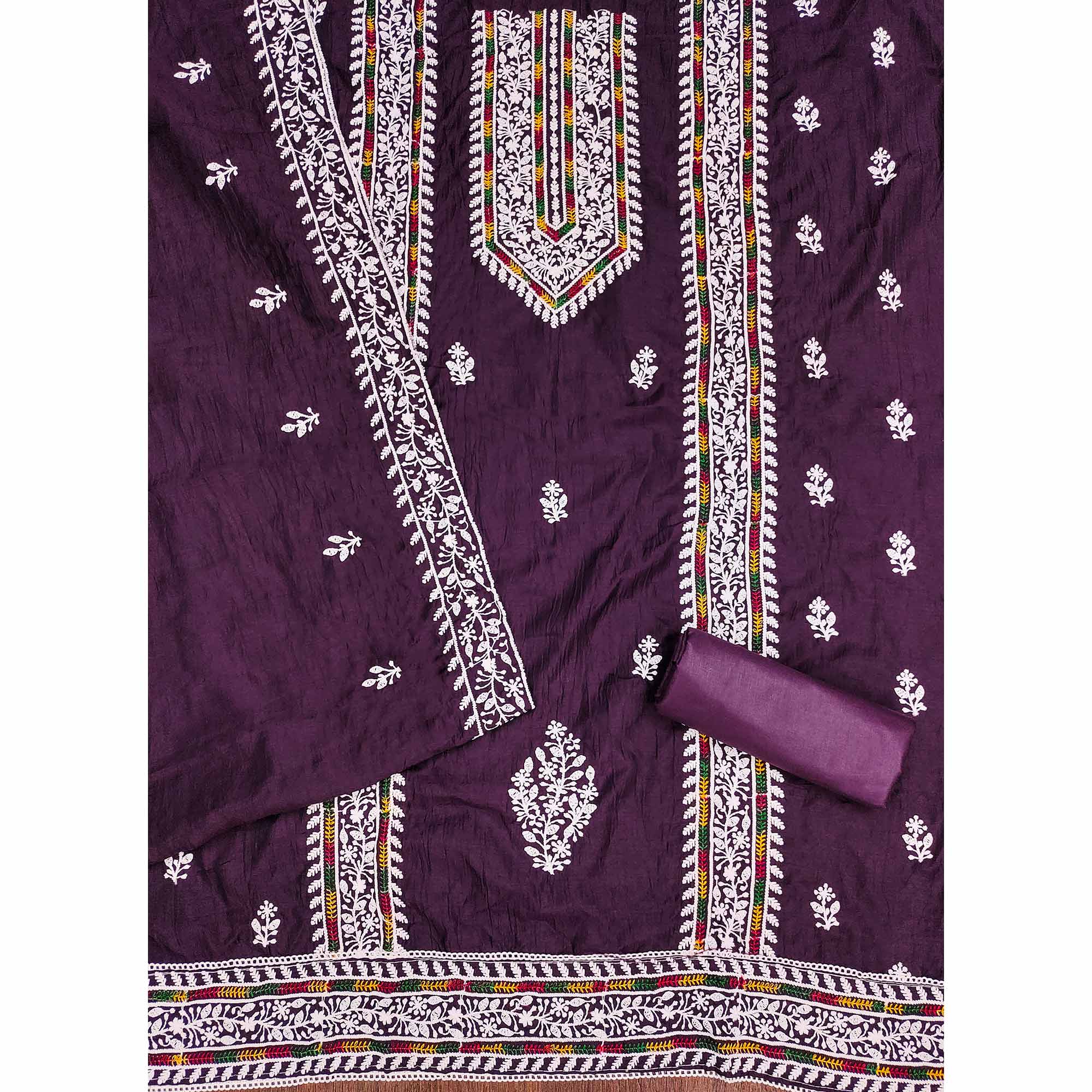 Purple Floral Embroidered Cotton Silk Dress Material