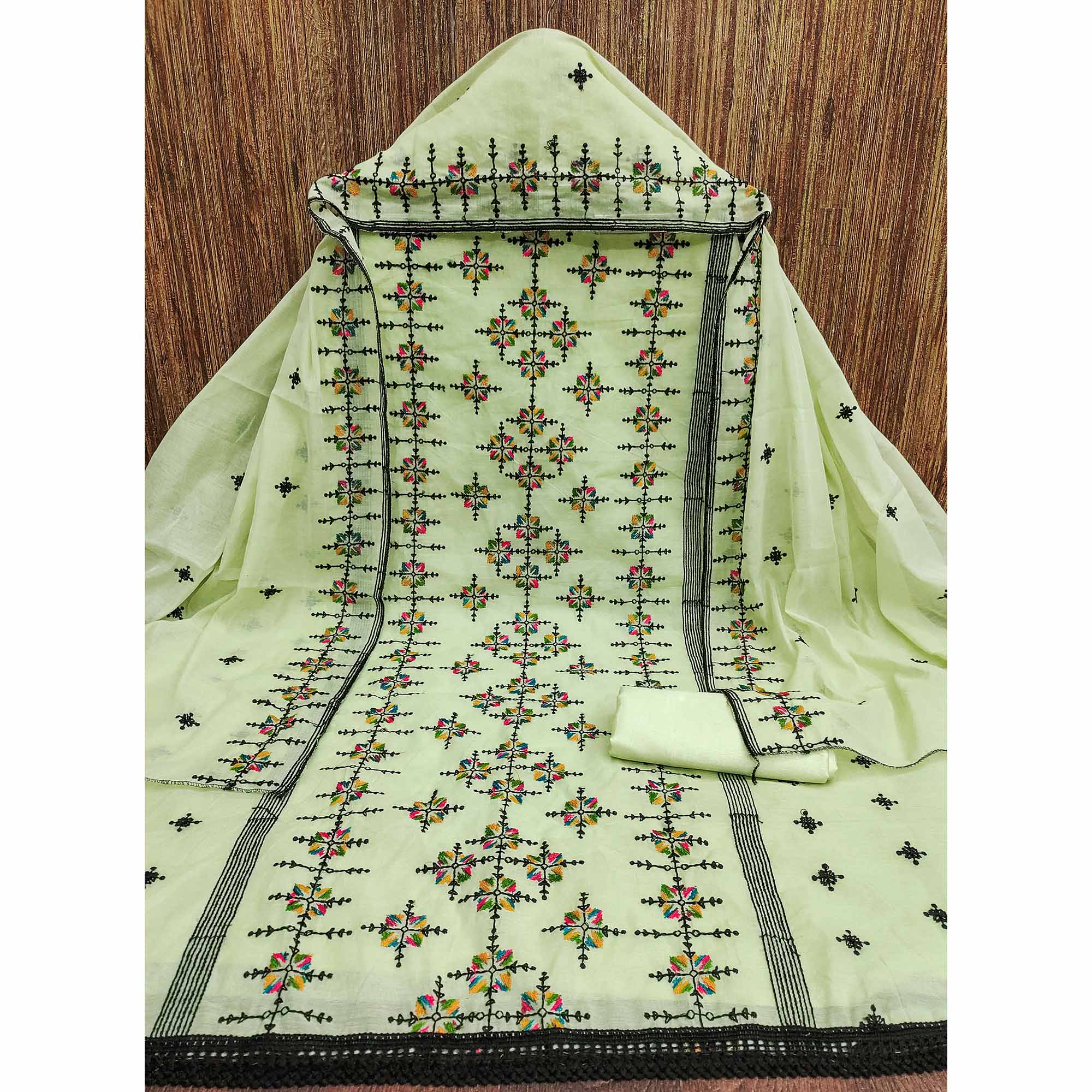 Green Embroidered Chanderi Cotton Dress Material