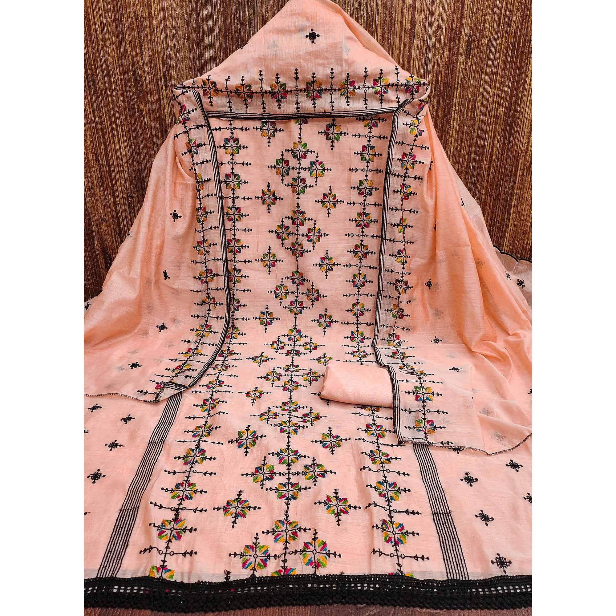 Peach Embroidered Chanderi Cotton Dress Material