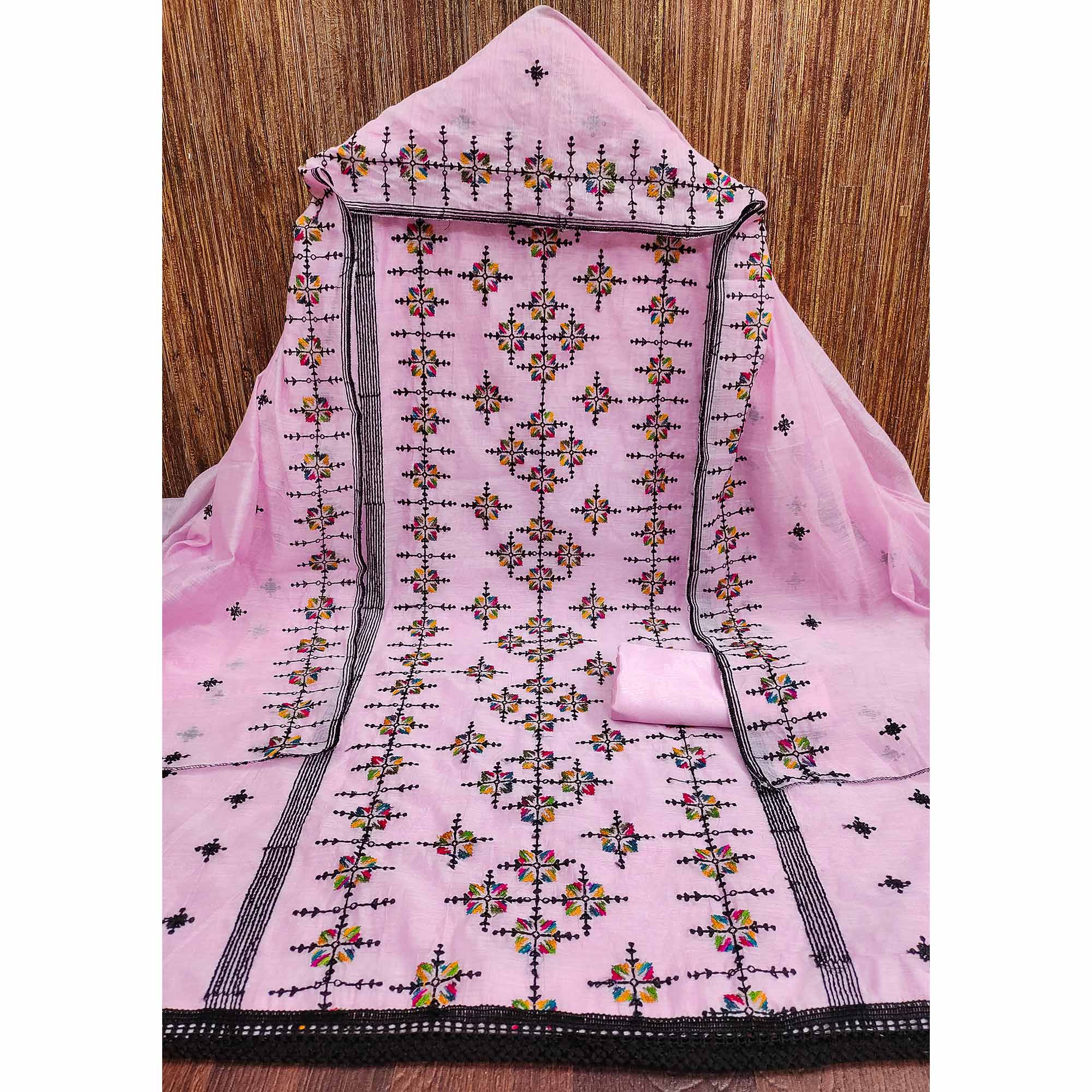 Pink Embroidered Chanderi Cotton Dress Material