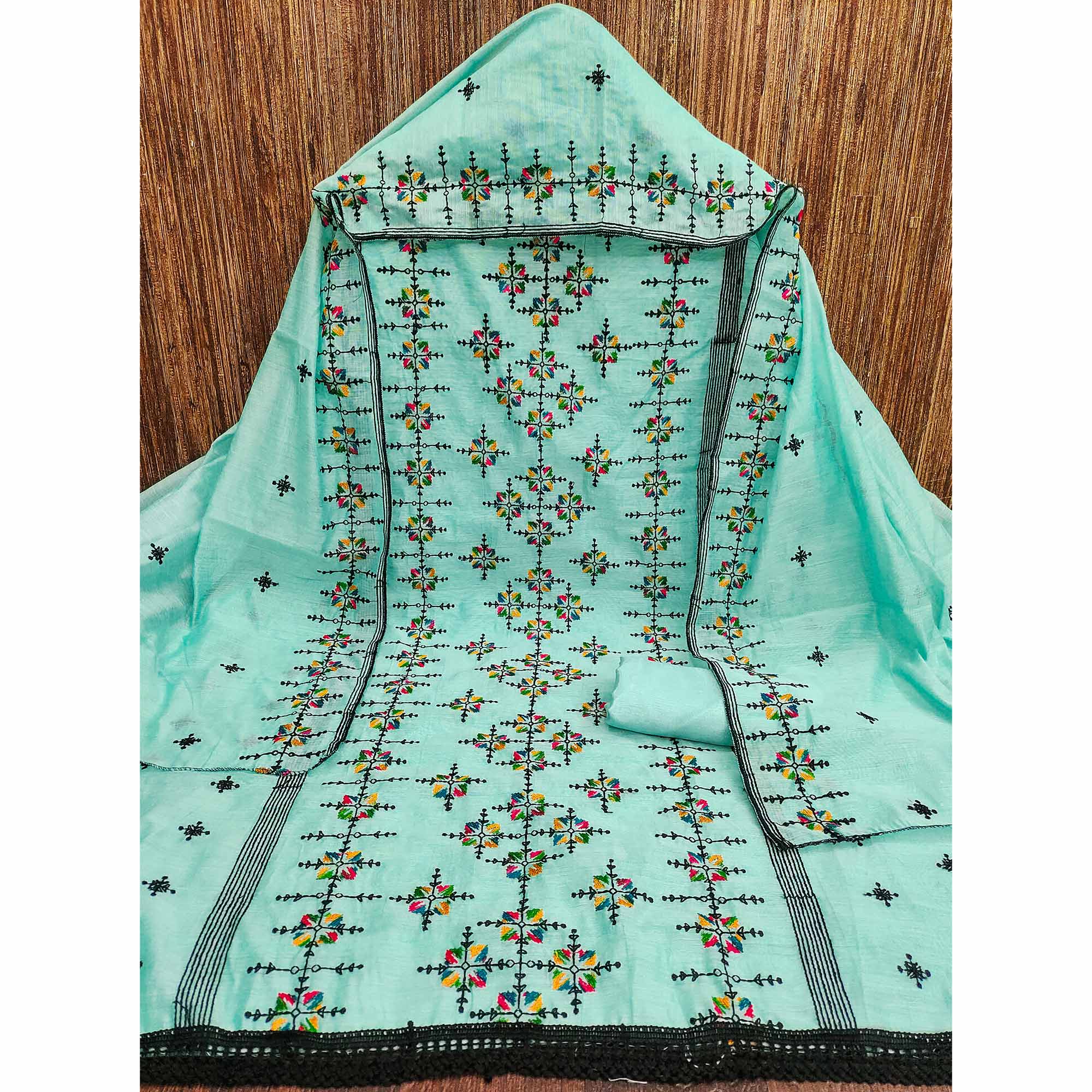 Turquoise Embroidered Chanderi Cotton Dress Material