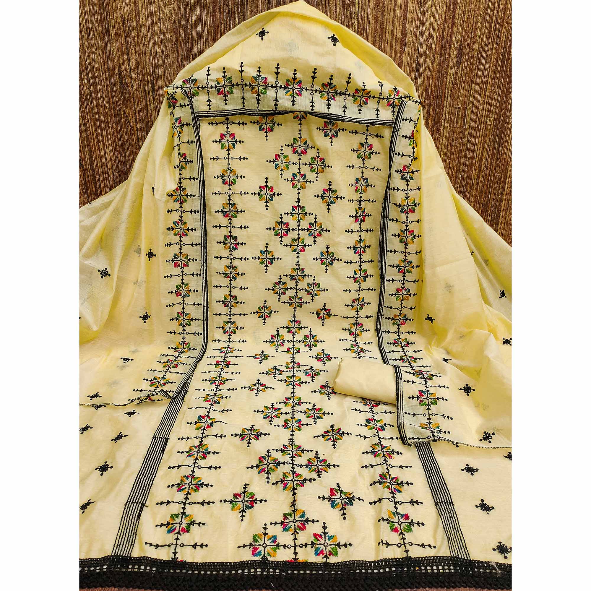 Yellow Embroidered Chanderi Cotton Dress Material