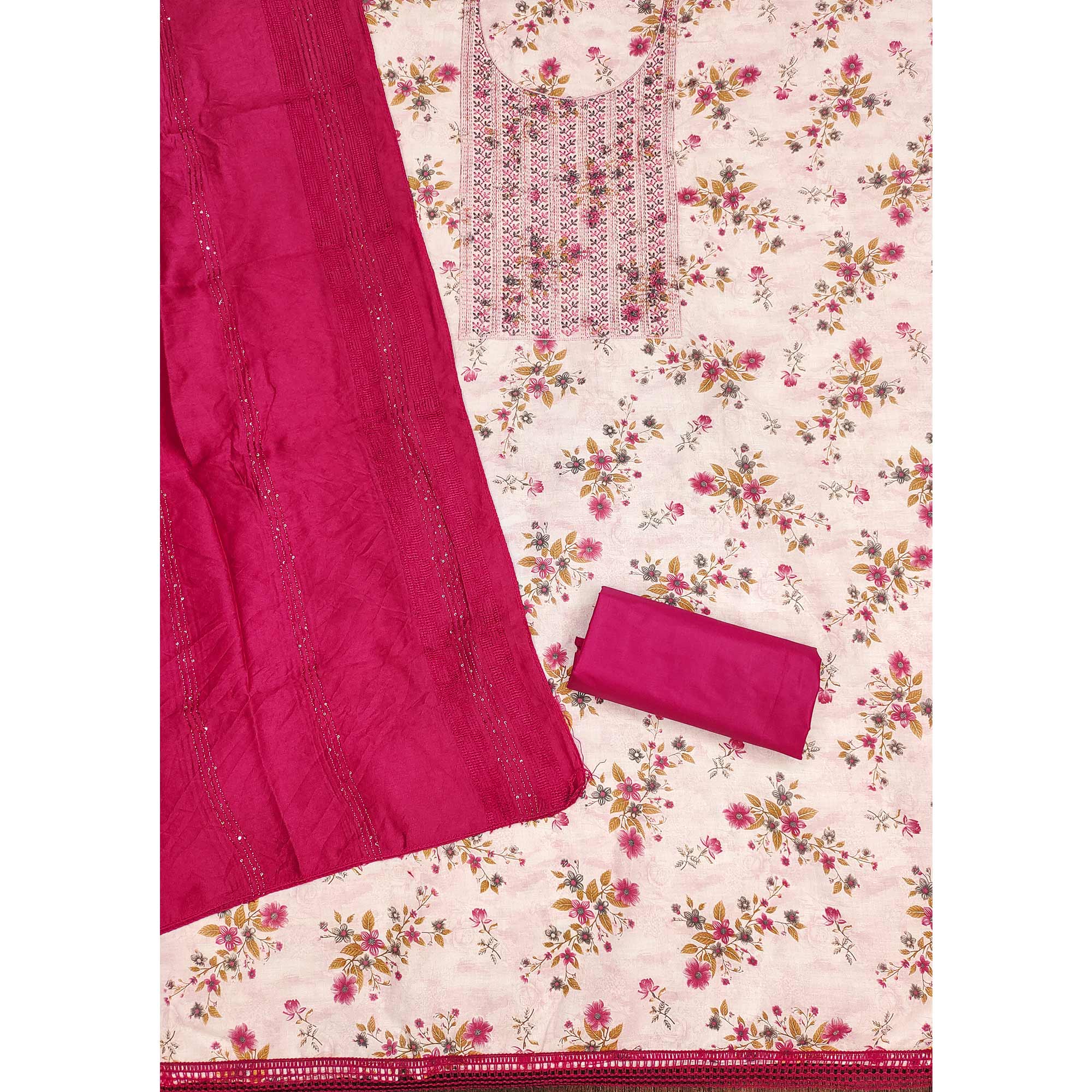 White & Rani Pink Cotton Blend Dress Material With Floral Digital Print & Embroidery