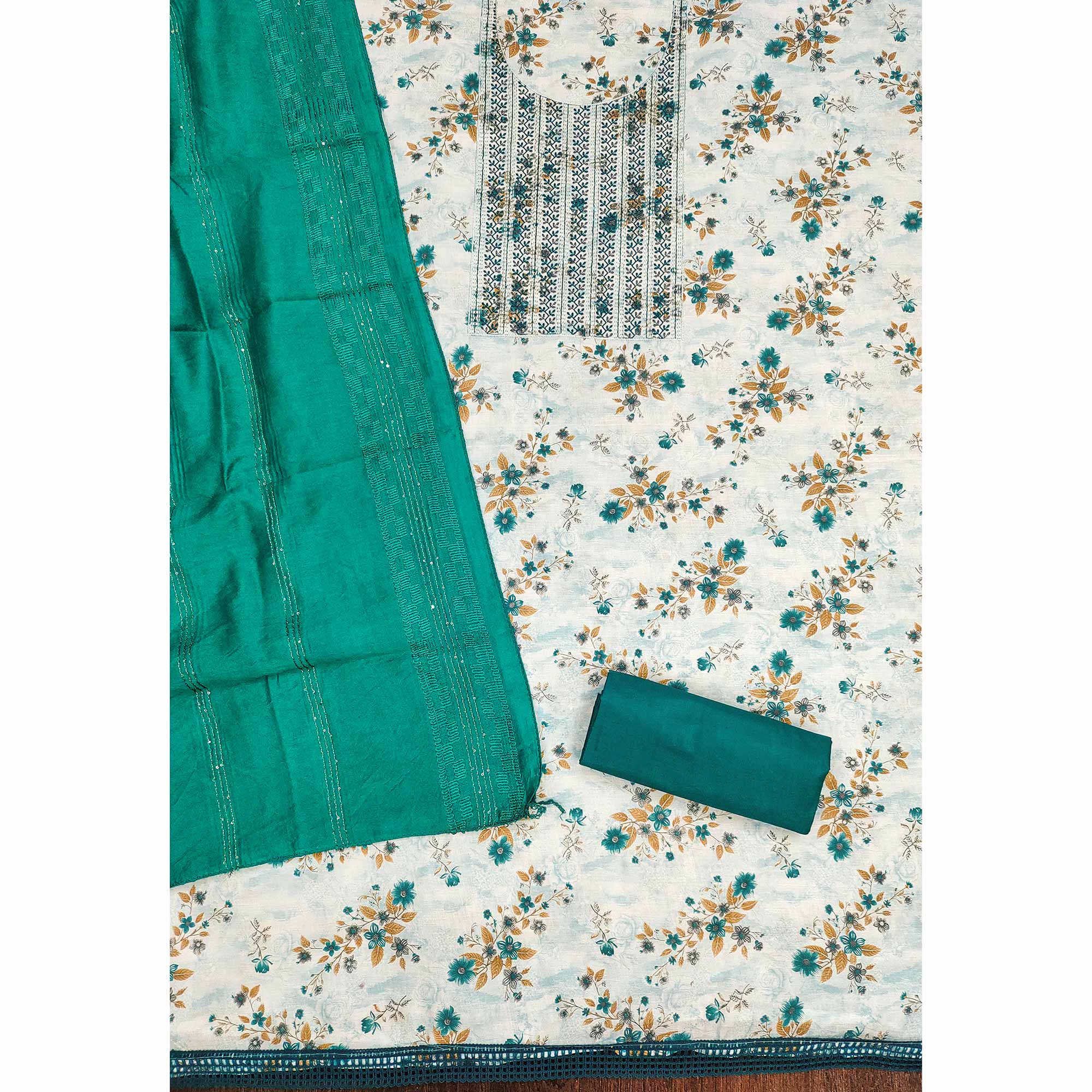 White & Teal Cotton Blend Dress Material With Floral Digital Print & Embroidery