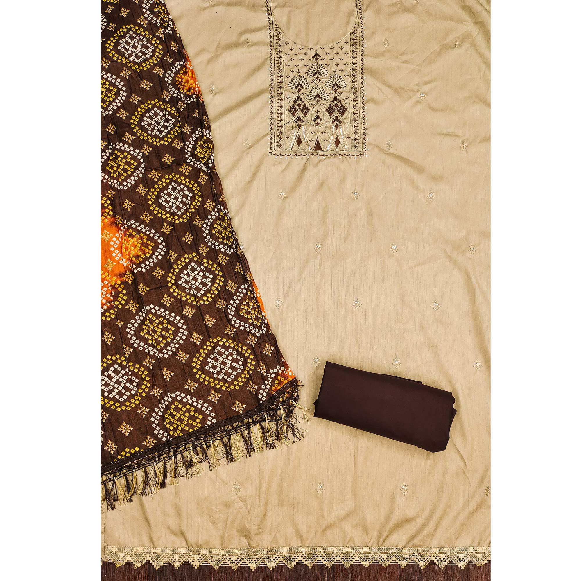 Beige Cotton Silk Dress Material With Delicate Floral Sequin Embroidery