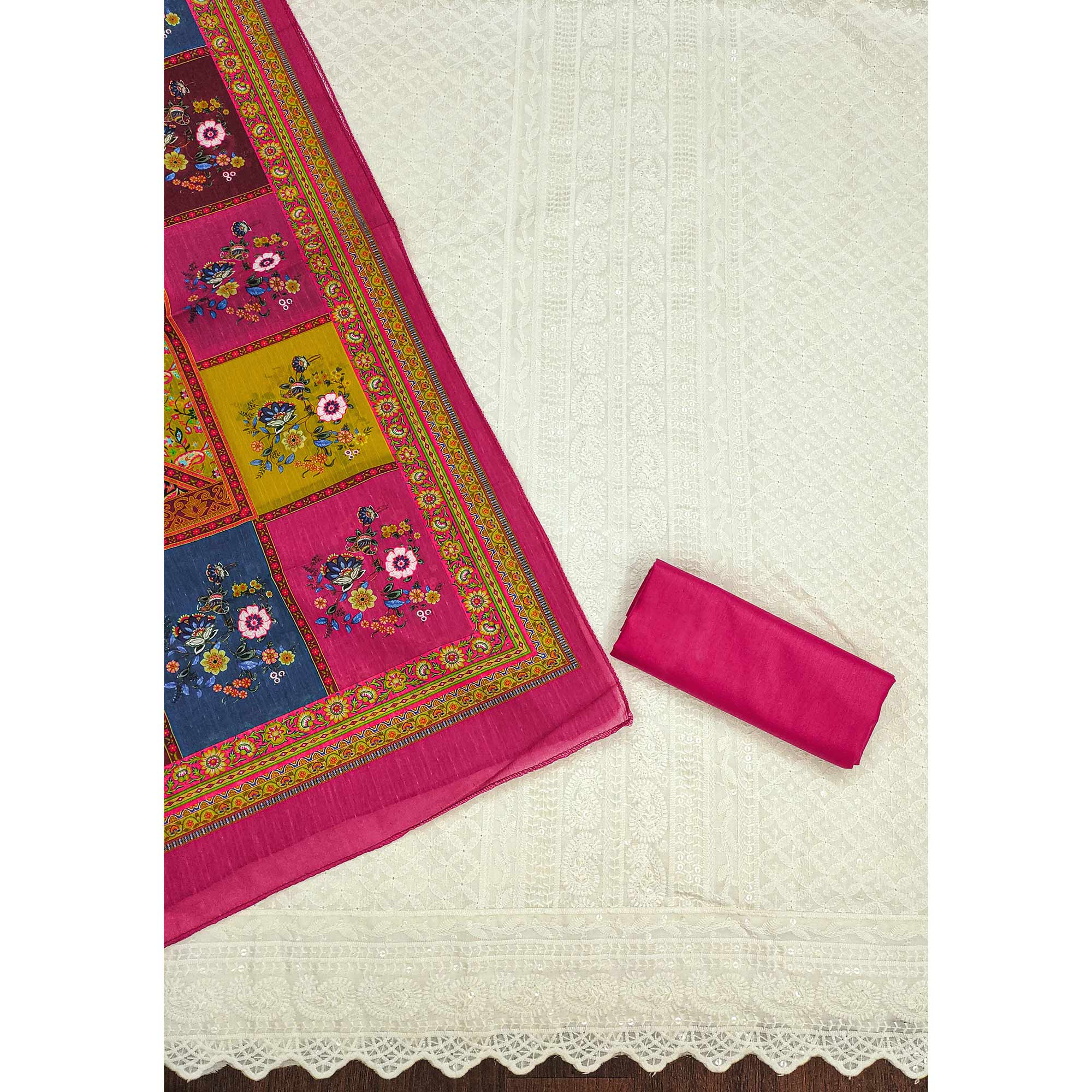 White & Pink Cotton Blend Dress Material With Elegant Schiffli & Sequins Work