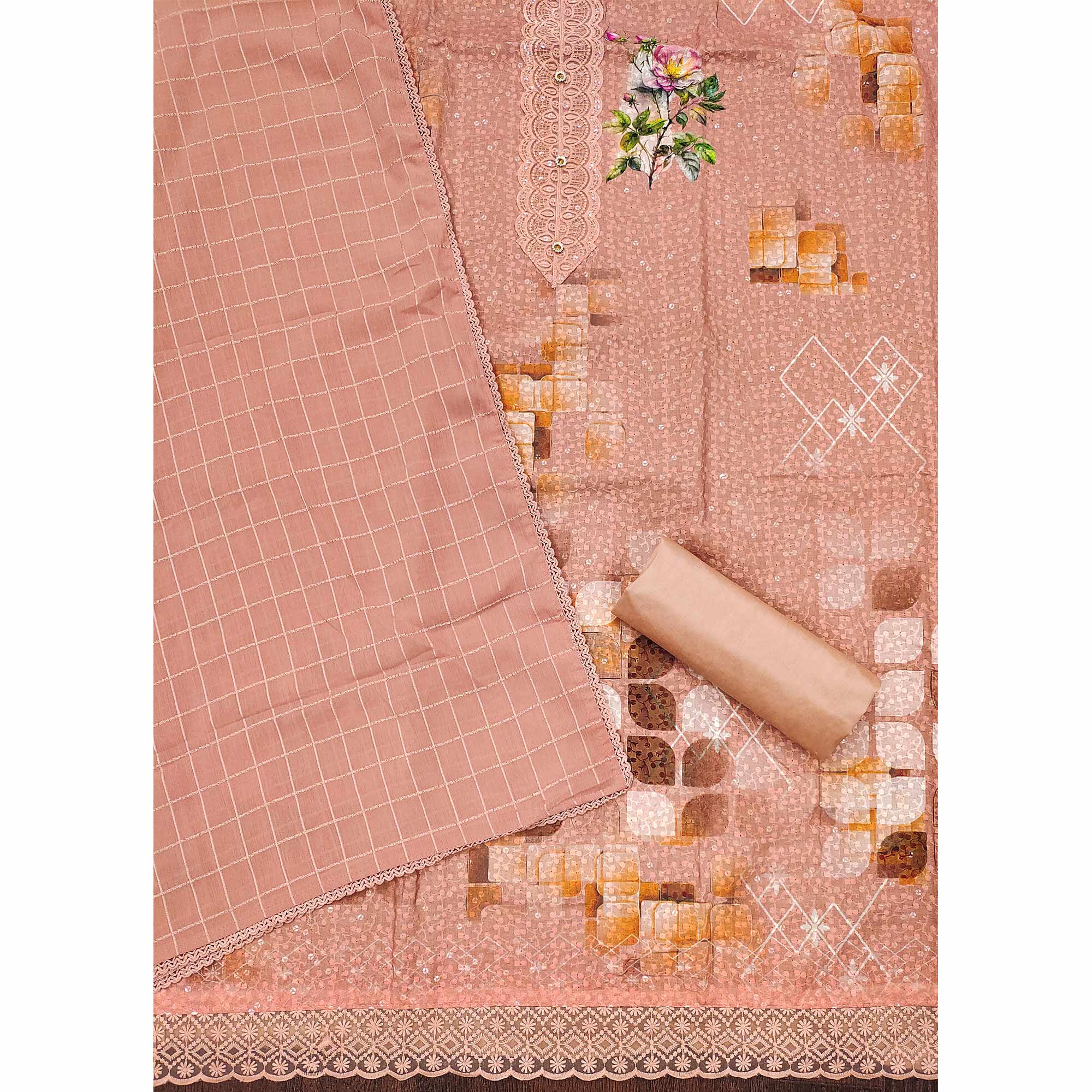 Dusty Peach Schiffli Embroidered Cotton Blend Dress Material With Floral Digital Print