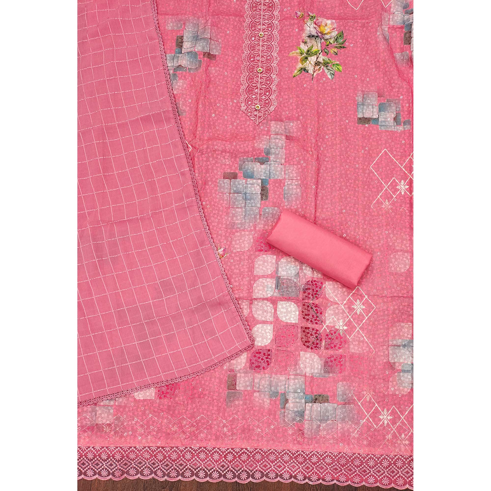 Pink Schiffli Embroidered Cotton Blend Dress Material With Floral Digital Print