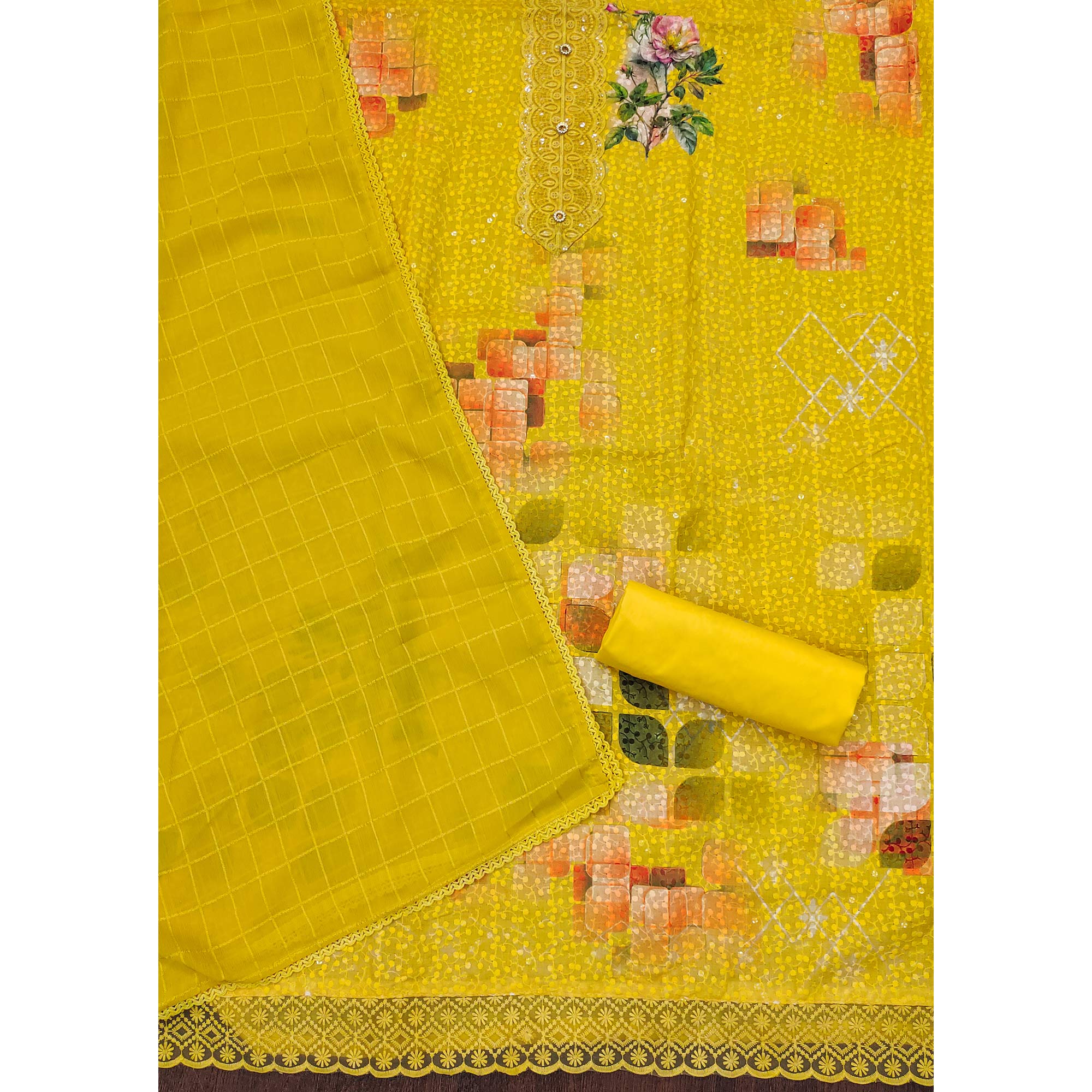 Yellow Schiffli Embroidered Cotton Blend Dress Material With Floral Digital Print