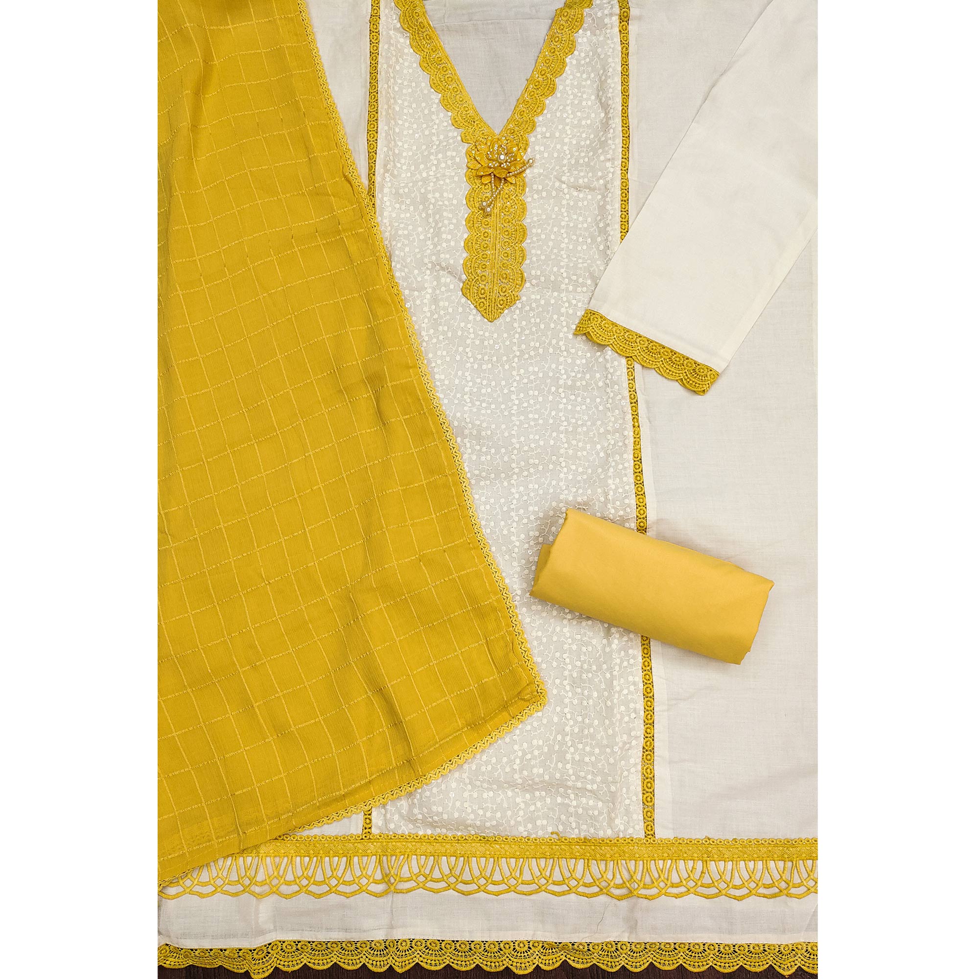 White & Yellow Cotton Blend Dress Material With Elegant Schiffli & Sequins Work