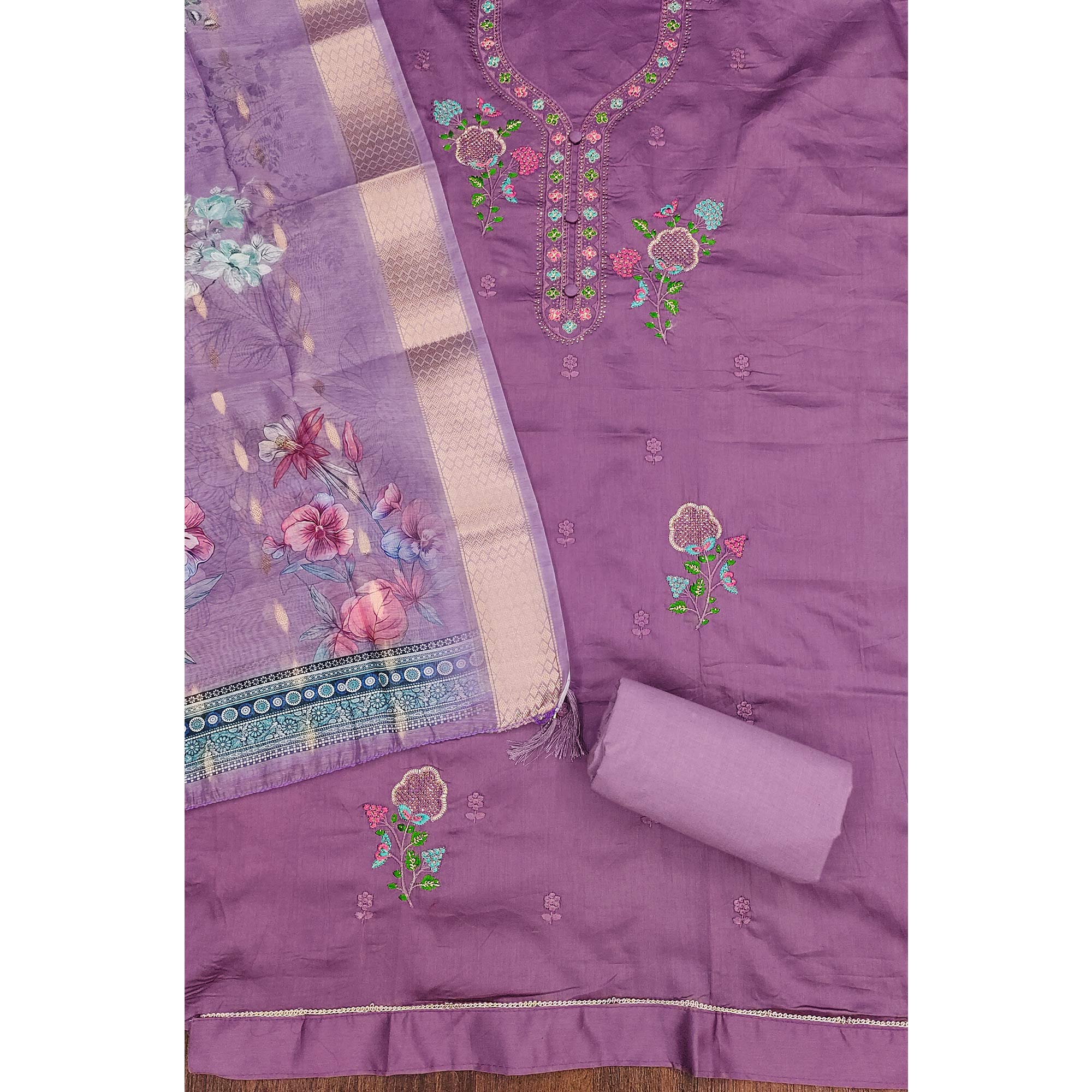 Elegant Lavender Pure Cotton Dress Material Showcasing Fine Floral Embroidery & Swarovski Work