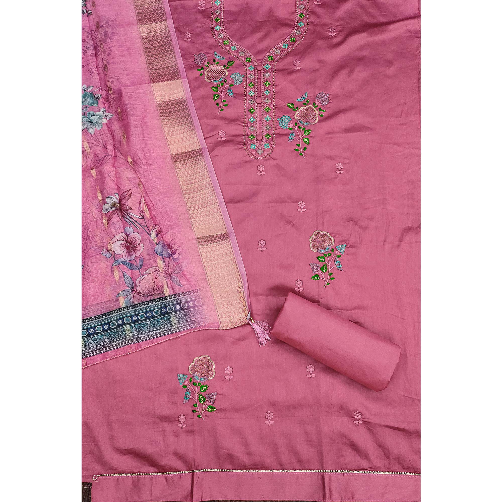 Elegant Pink Pure Cotton Dress Material Showcasing Fine Floral Embroidery & Swarovski Work