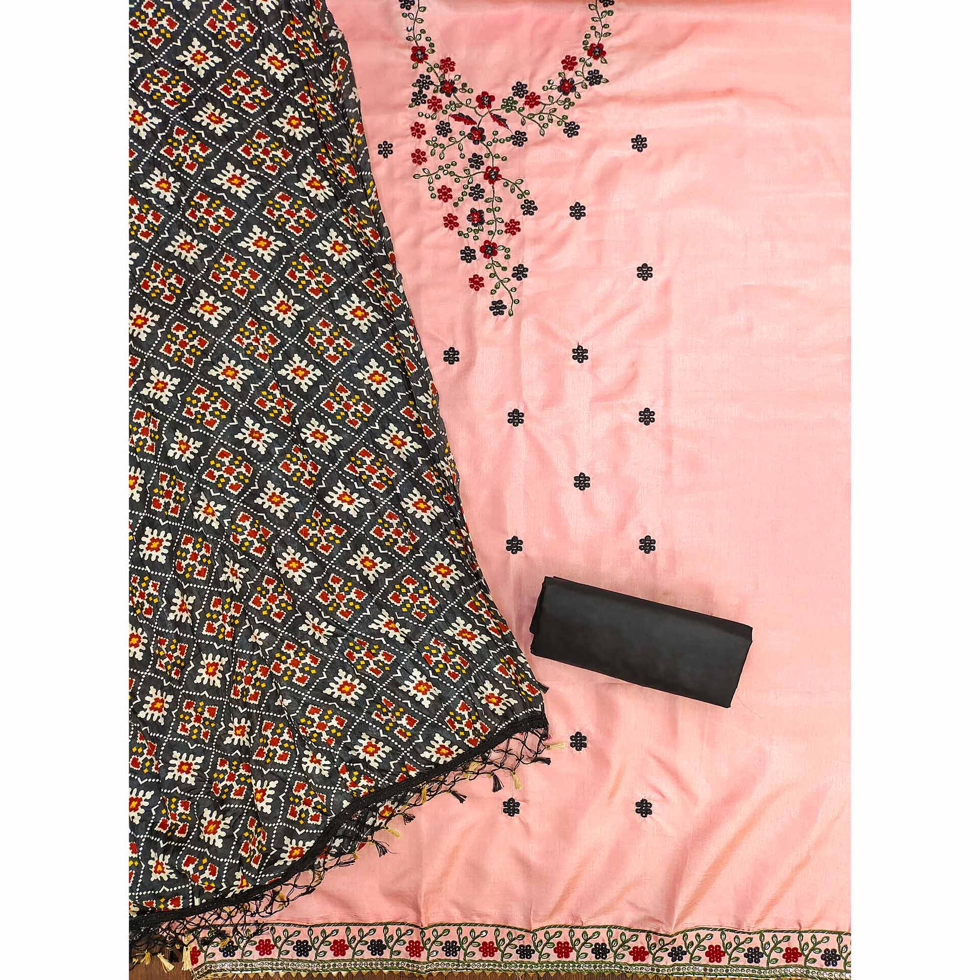 Peach Floral Sequins Embroidered Cotton Silk Dress Material