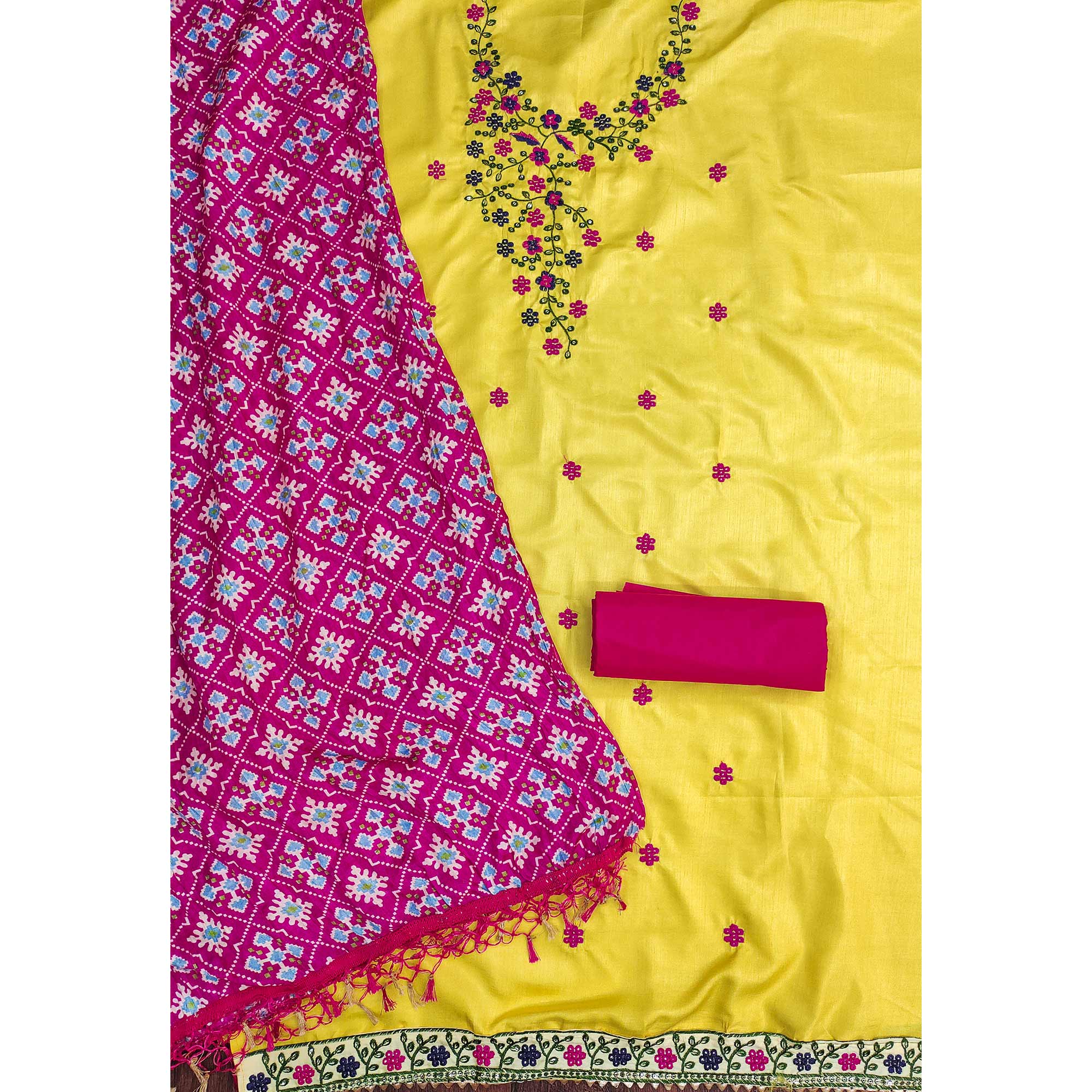 Yellow Floral Sequins Embroidered Cotton Silk Dress Material