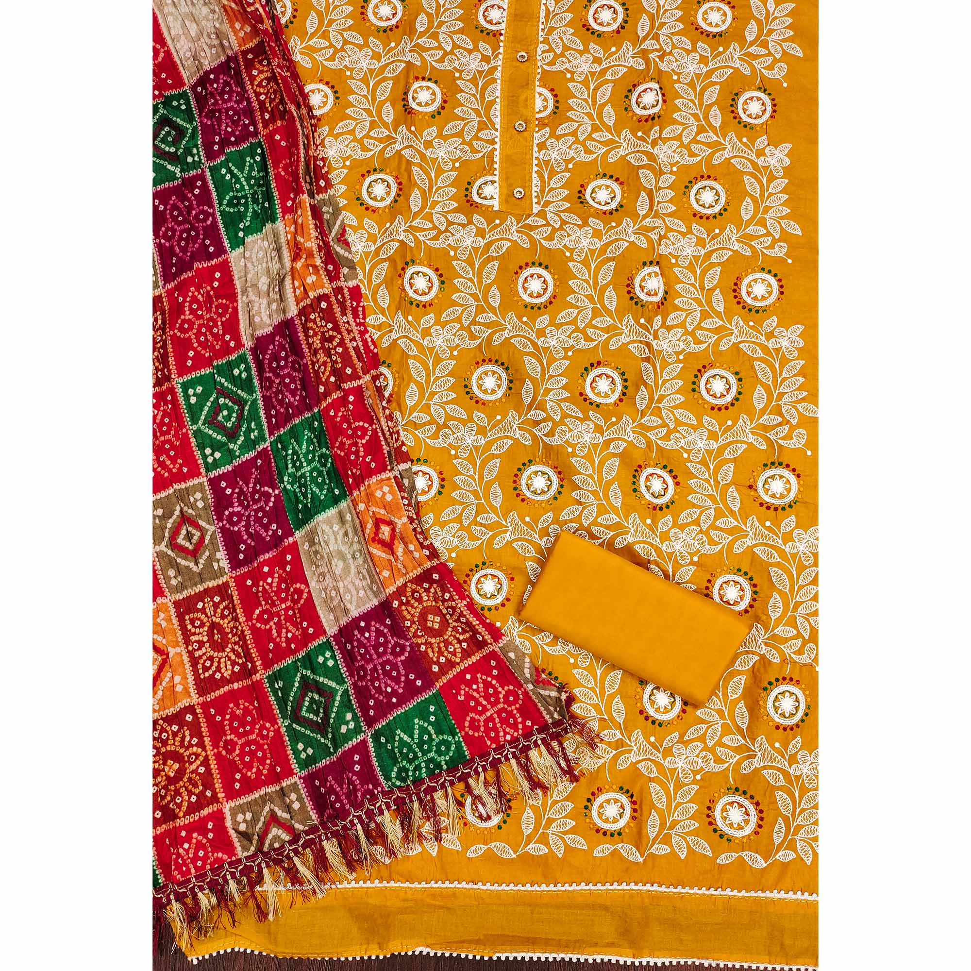 Mustard Floral Embroidered Cotton Blend Dress Material