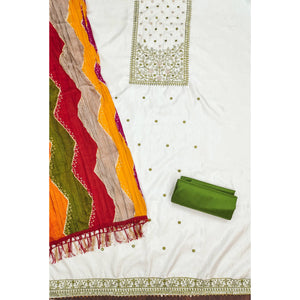 Cream & Green Floral Sequins Embroidered Cotton Silk Dress Material