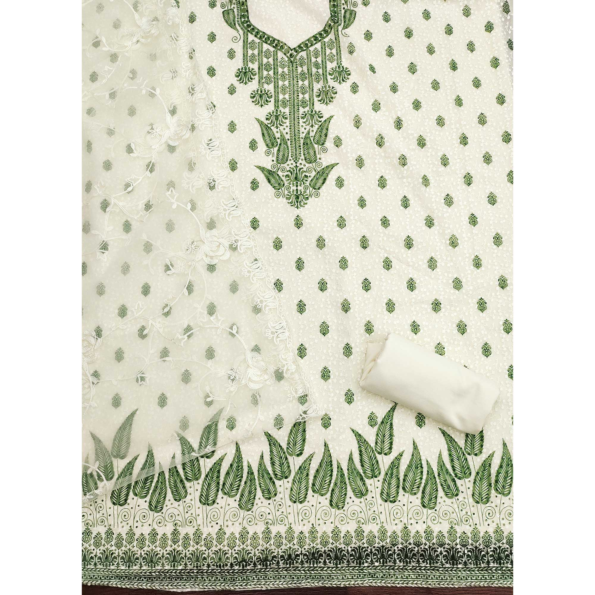 White & Green Schiffli Embroidered Georgette Dress Material With Floral Digital Print